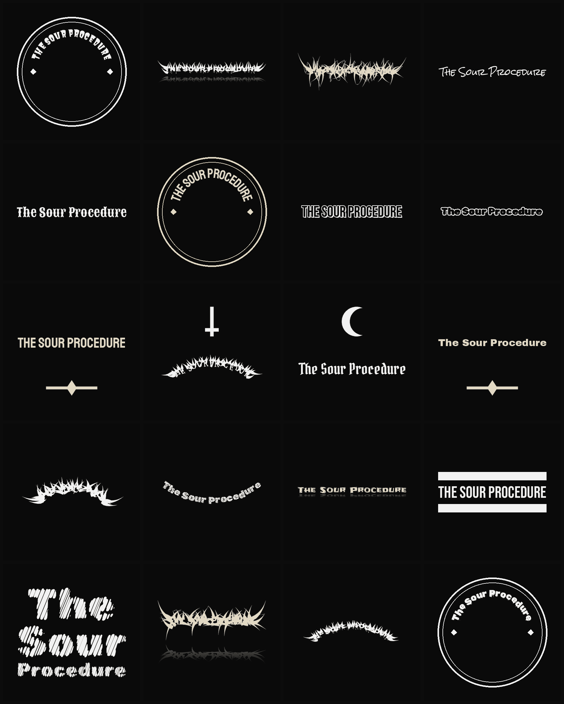 Twenty The Sour Procedure band logo ideas — different faces, treatments and spike settings