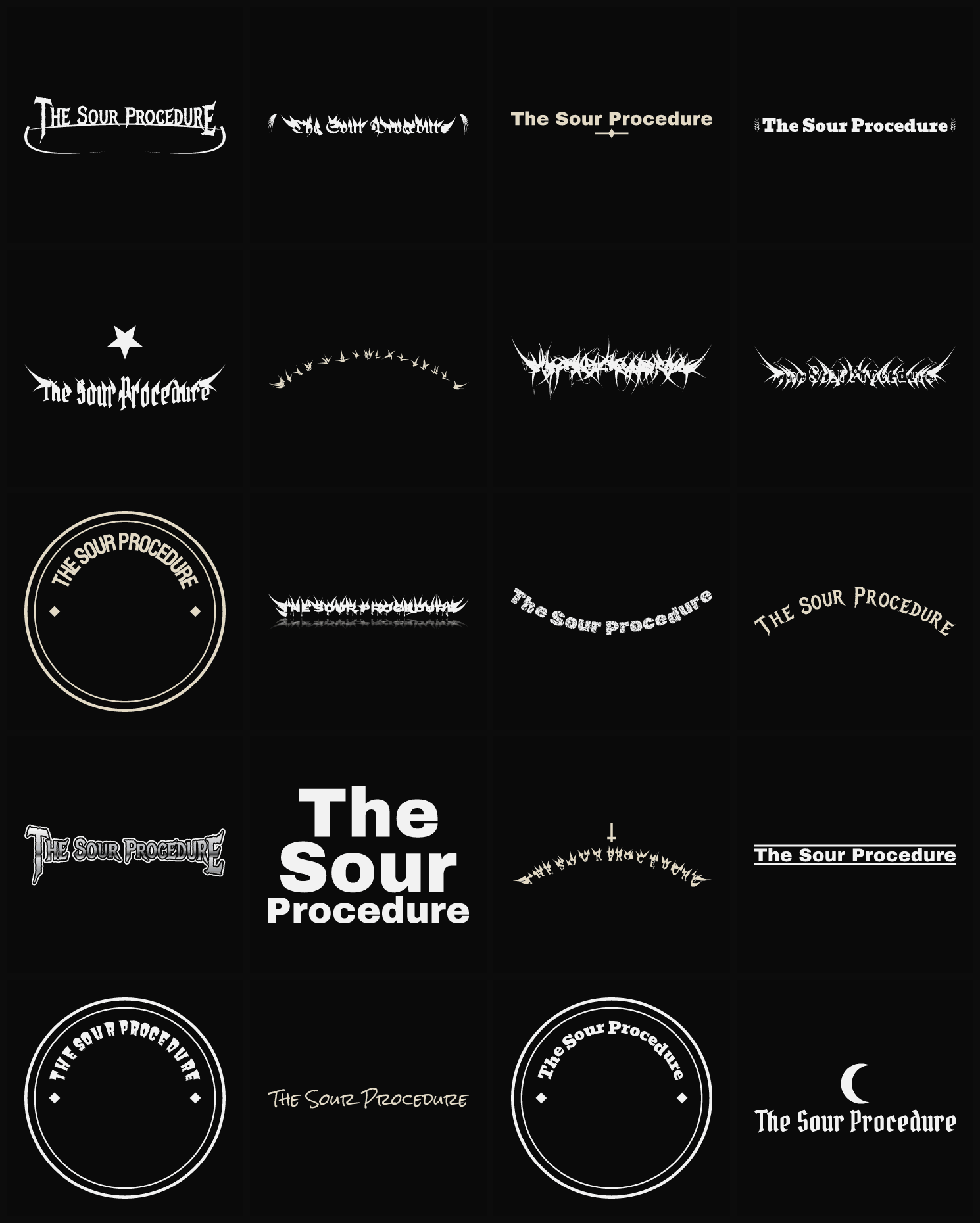 Twenty The Sour Procedure band logo ideas — different faces, treatments and spike settings