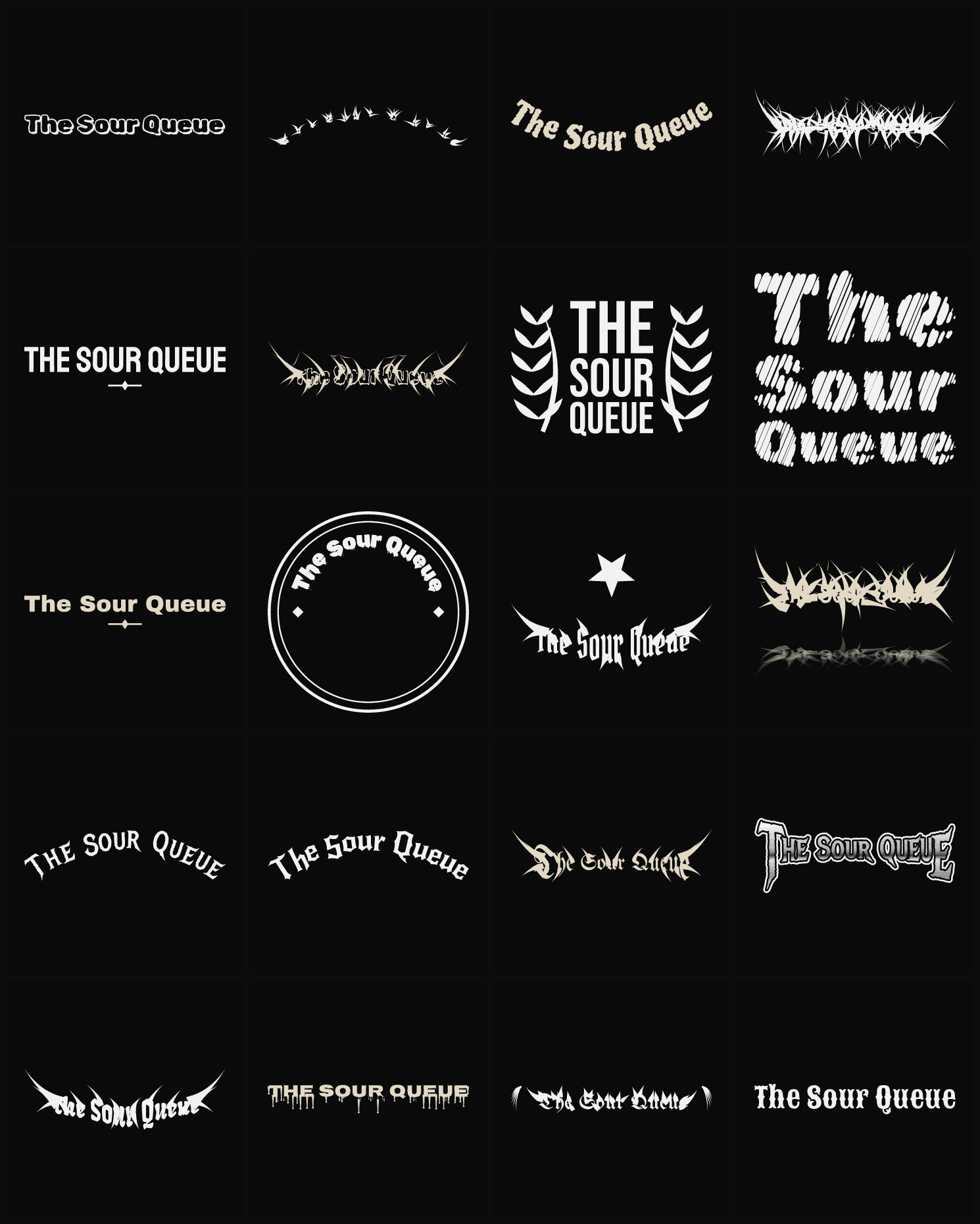 Twenty The Sour Queue band logo ideas — different faces, treatments and spike settings