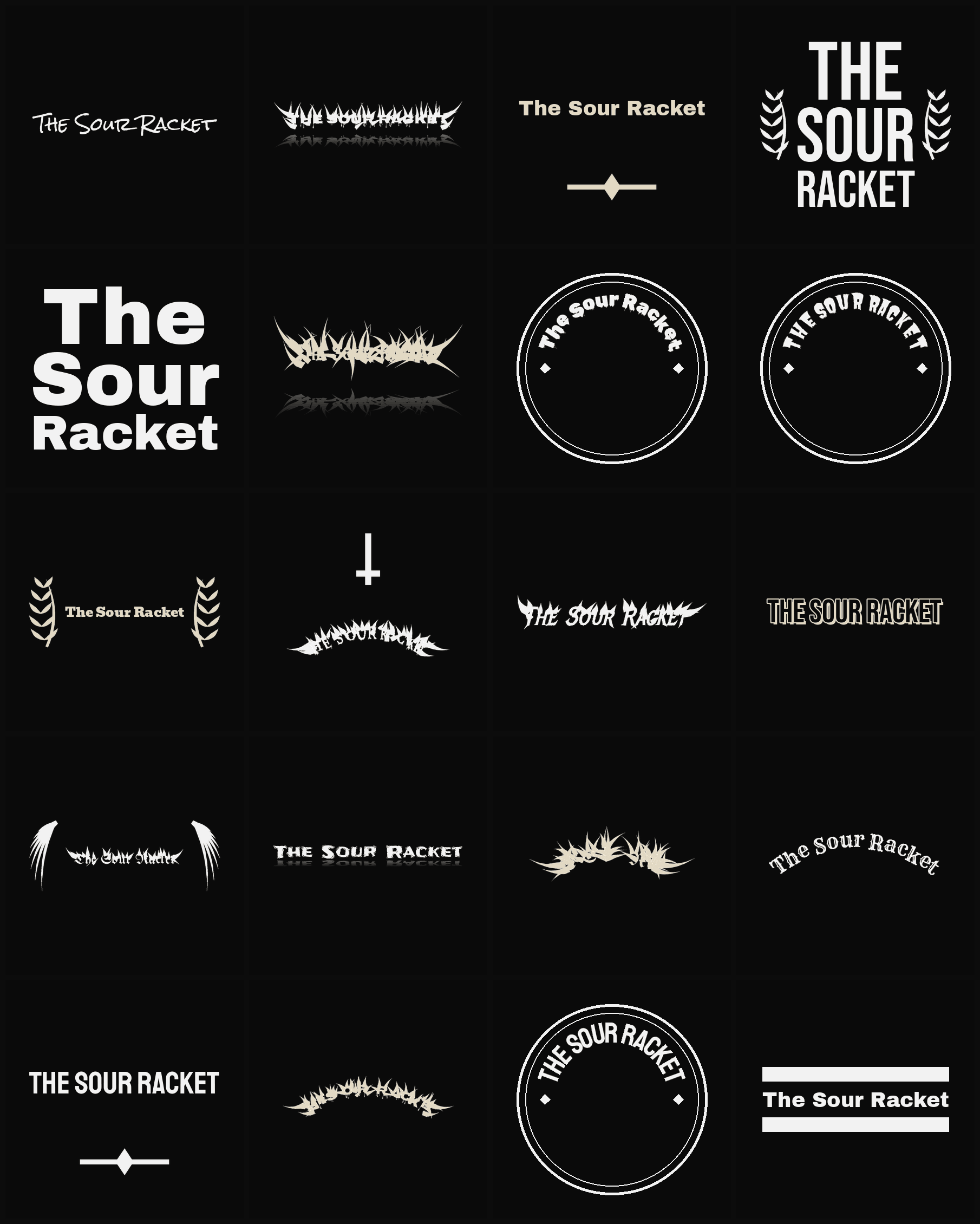 Twenty The Sour Racket band logo ideas — different faces, treatments and spike settings