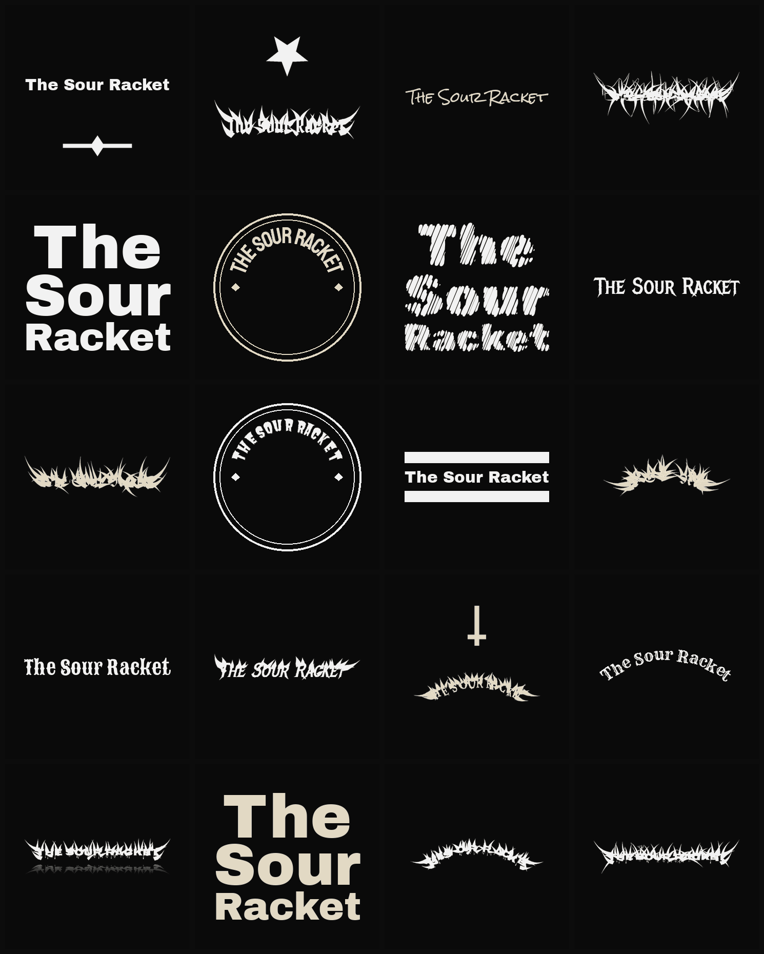 Twenty The Sour Racket band logo ideas — different faces, treatments and spike settings