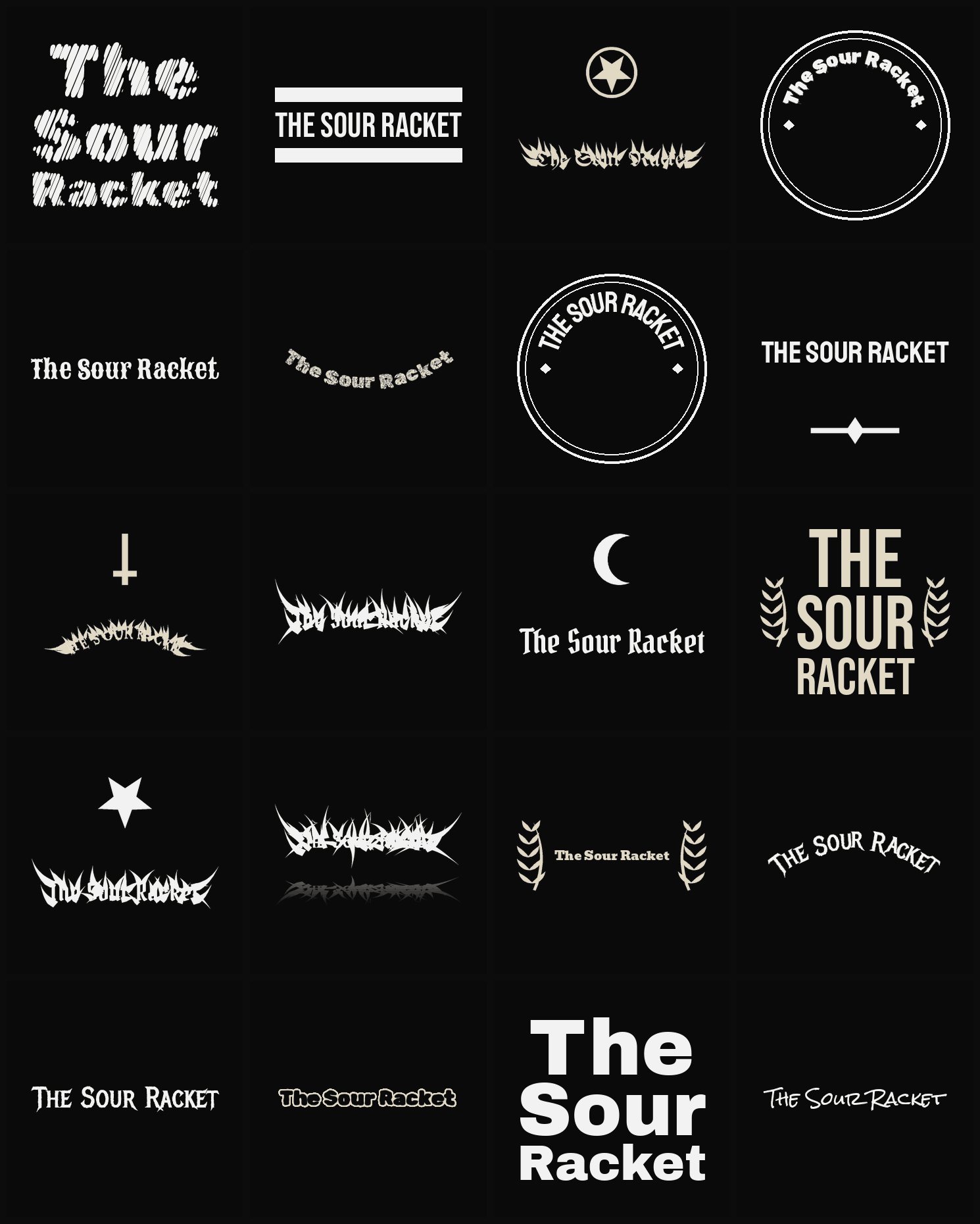 Twenty The Sour Racket band logo ideas — different faces, treatments and spike settings