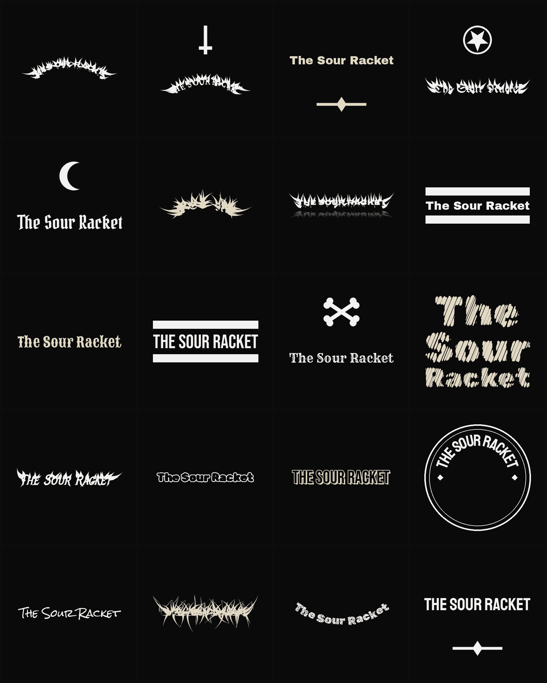 Twenty The Sour Racket band logo ideas — different faces, treatments and spike settings
