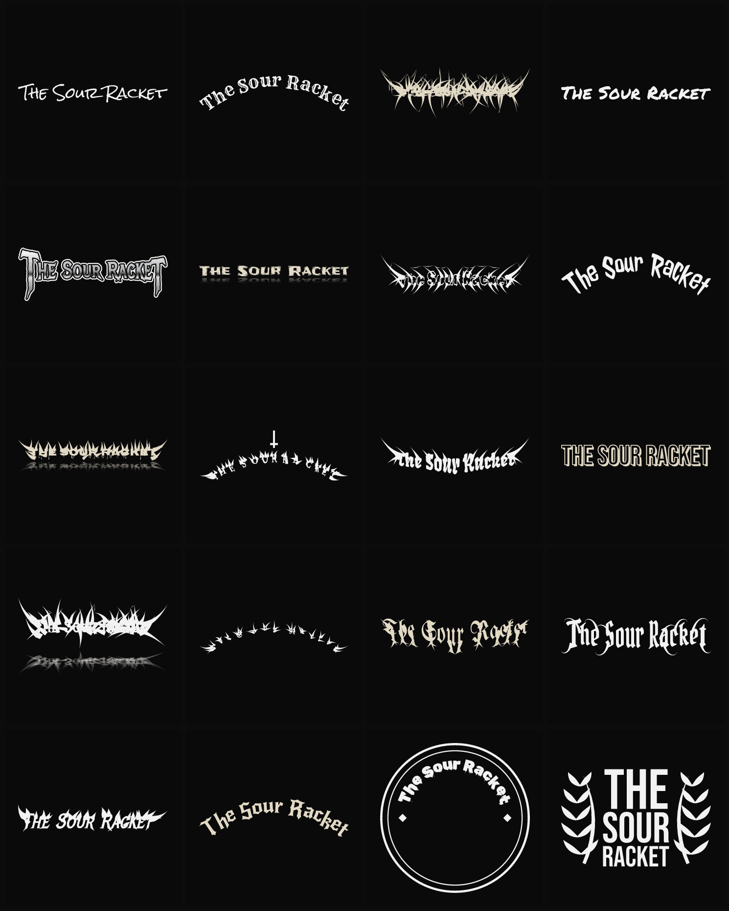 Twenty The Sour Racket band logo ideas — different faces, treatments and spike settings