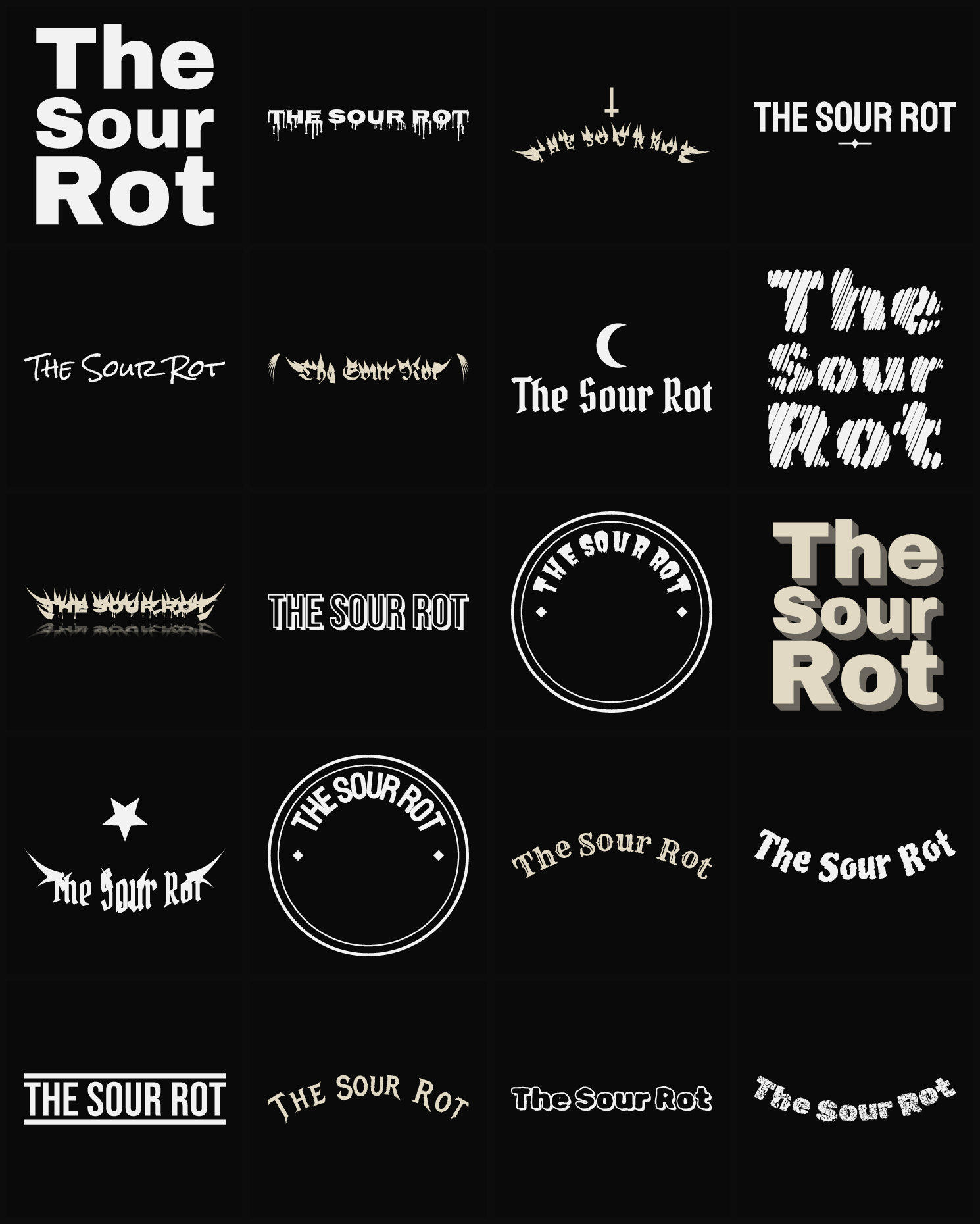 Twenty The Sour Rot band logo ideas — different faces, treatments and spike settings