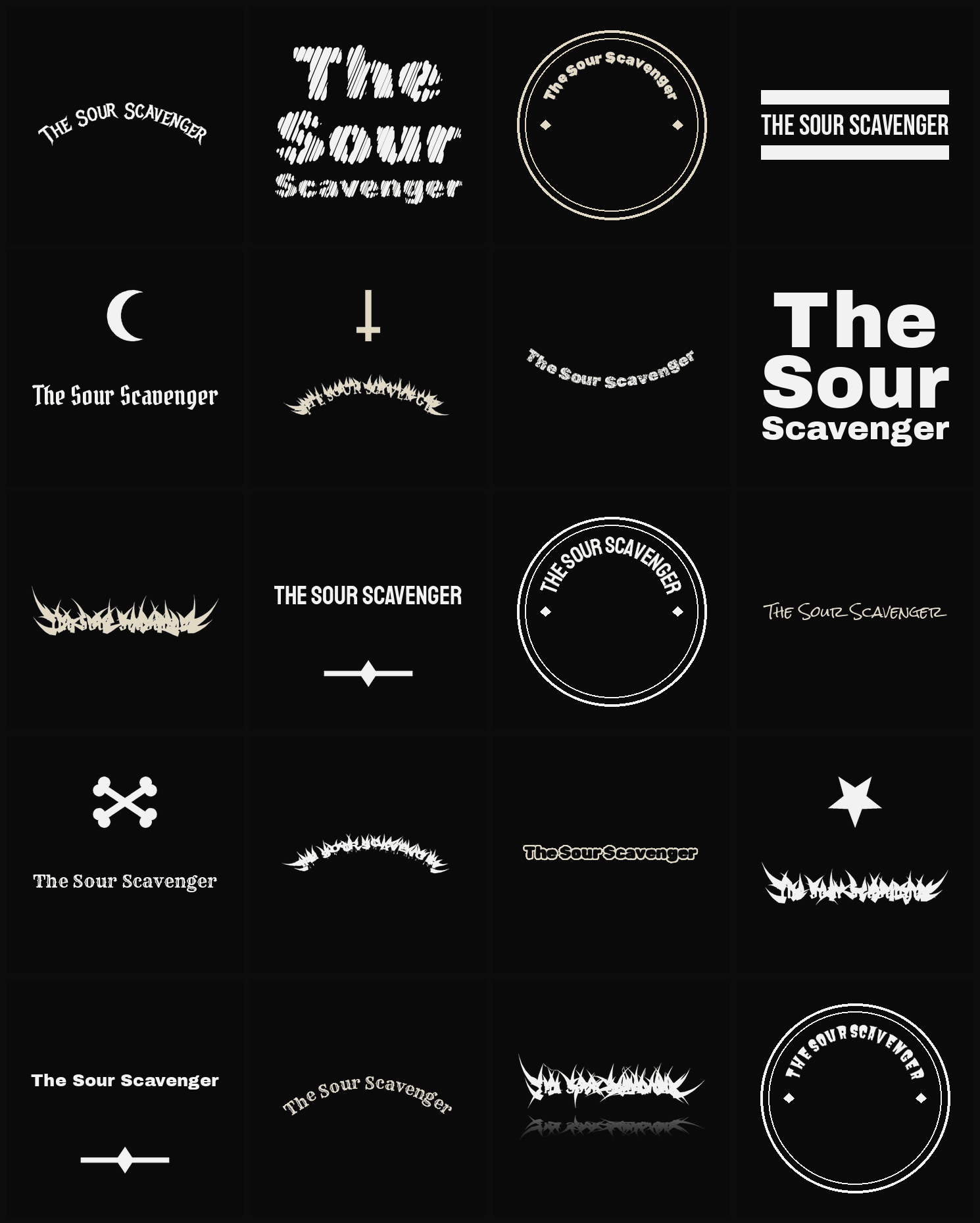 Twenty The Sour Scavenger band logo ideas — different faces, treatments and spike settings