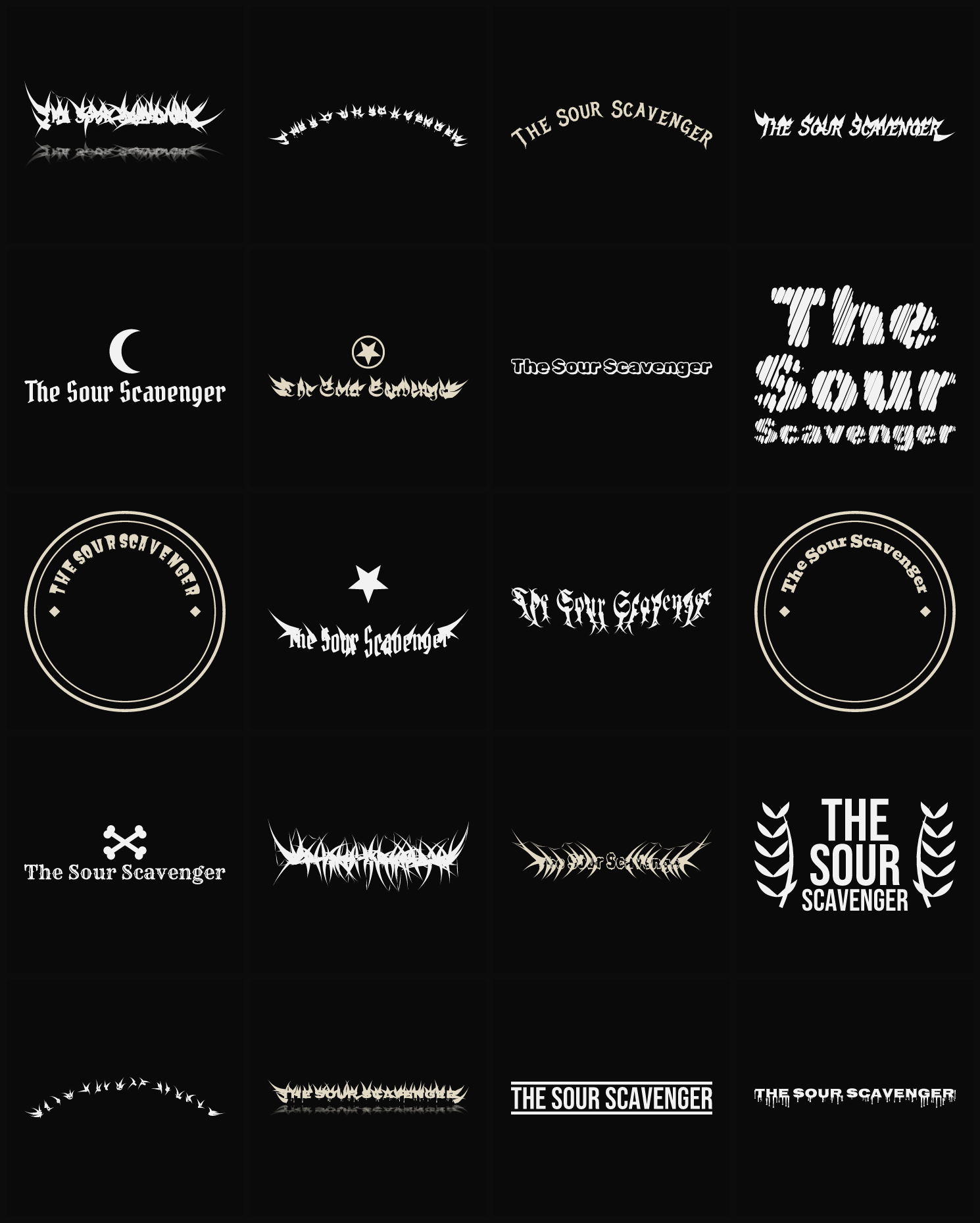 Twenty The Sour Scavenger band logo ideas — different faces, treatments and spike settings