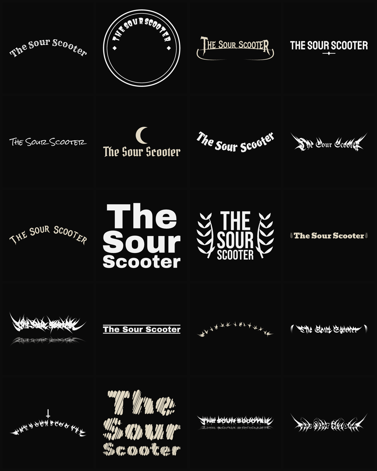 Twenty The Sour Scooter band logo ideas — different faces, treatments and spike settings