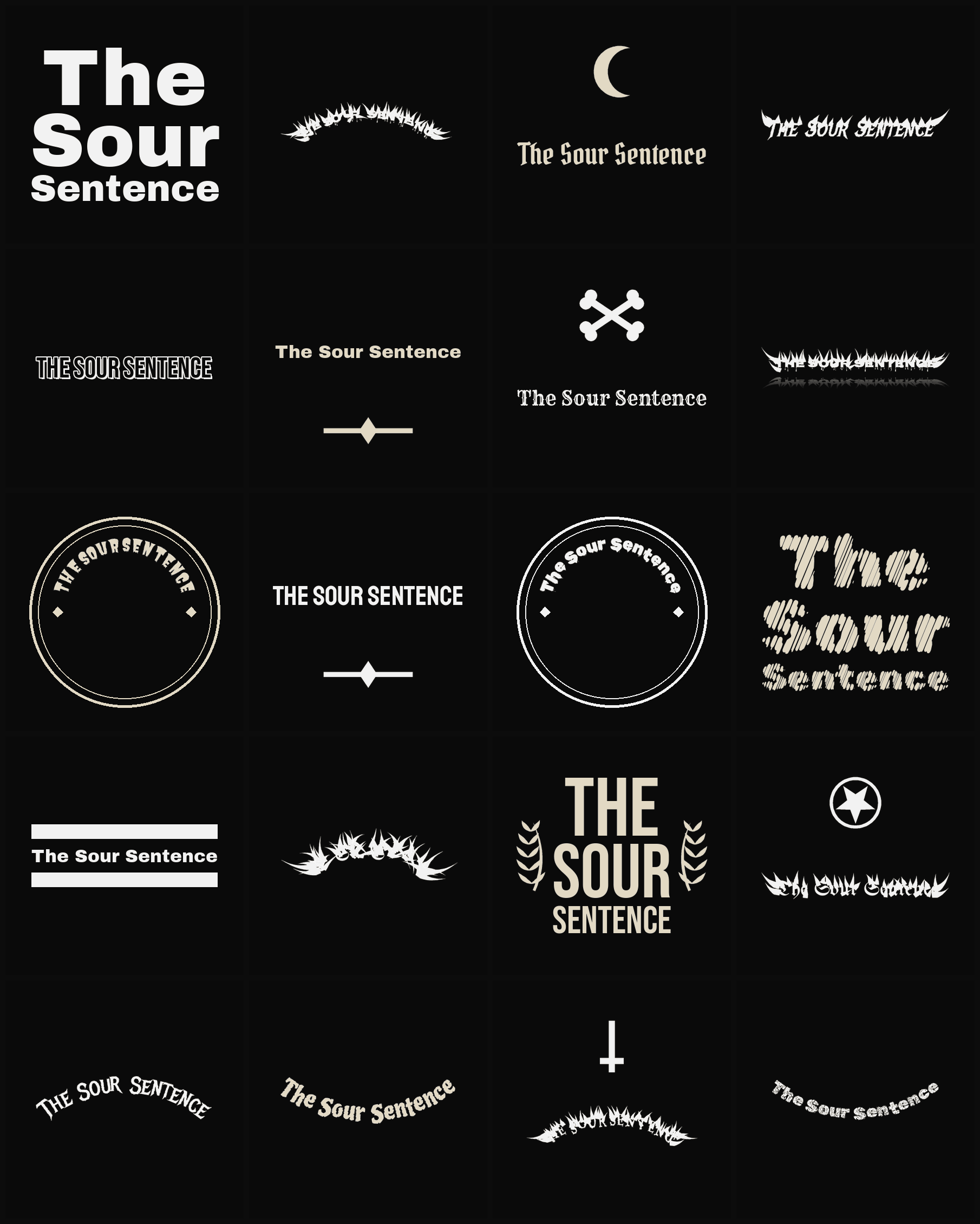 Twenty The Sour Sentence band logo ideas — different faces, treatments and spike settings