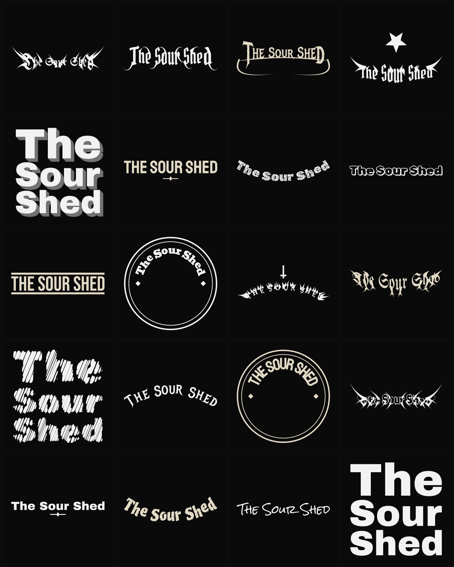 Twenty The Sour Shed band logo ideas — different faces, treatments and spike settings