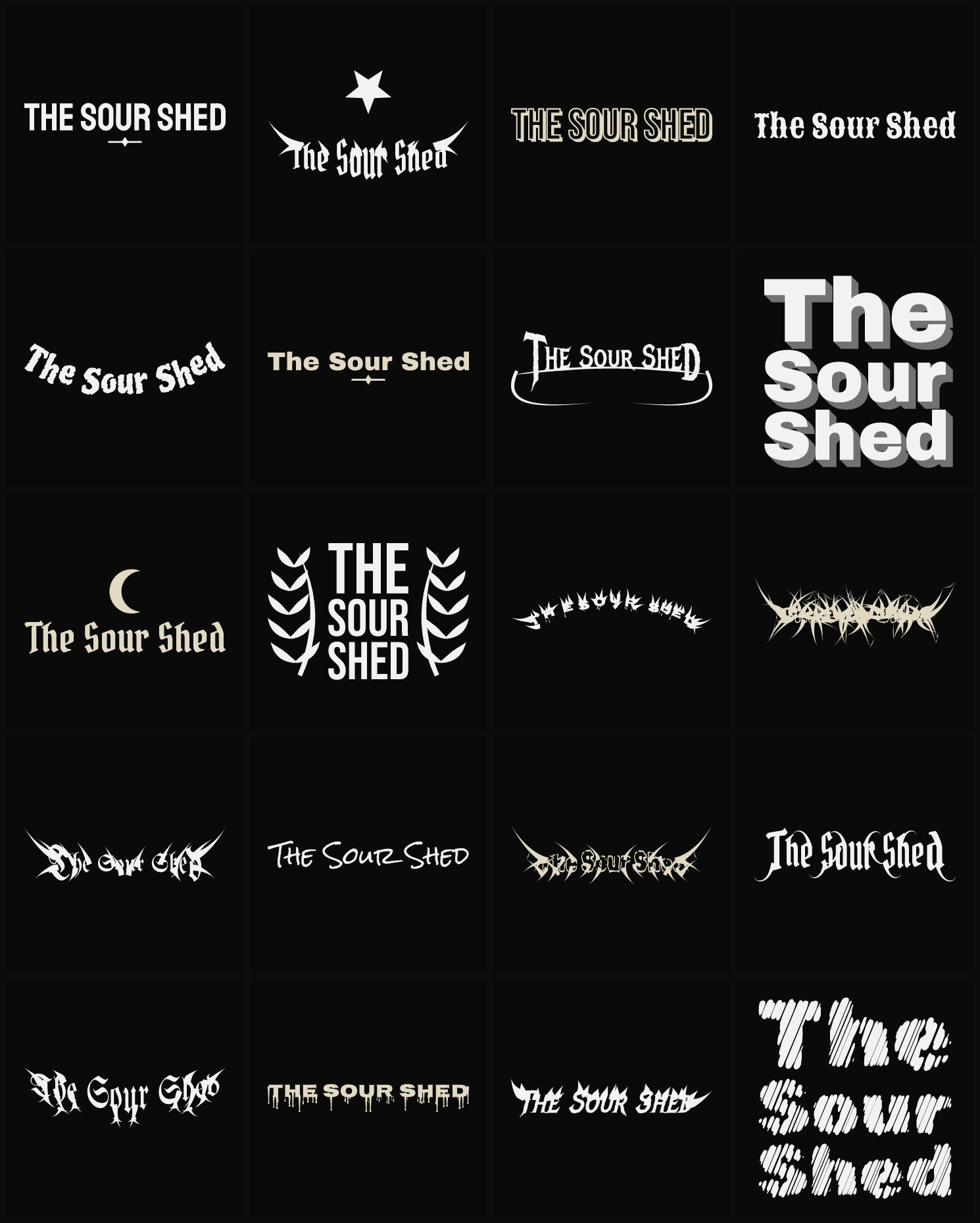 Twenty The Sour Shed band logo ideas — different faces, treatments and spike settings