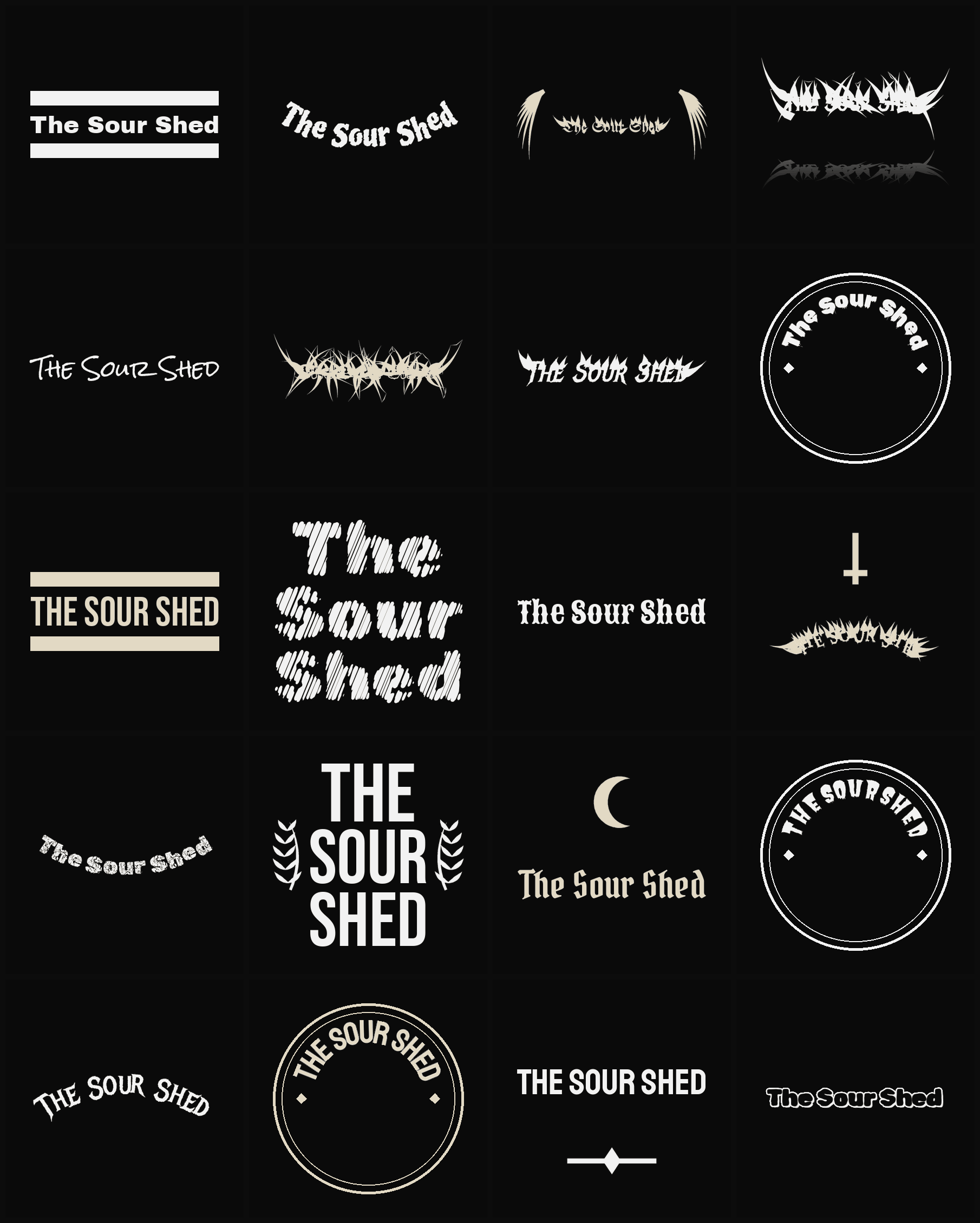 Twenty The Sour Shed band logo ideas — different faces, treatments and spike settings