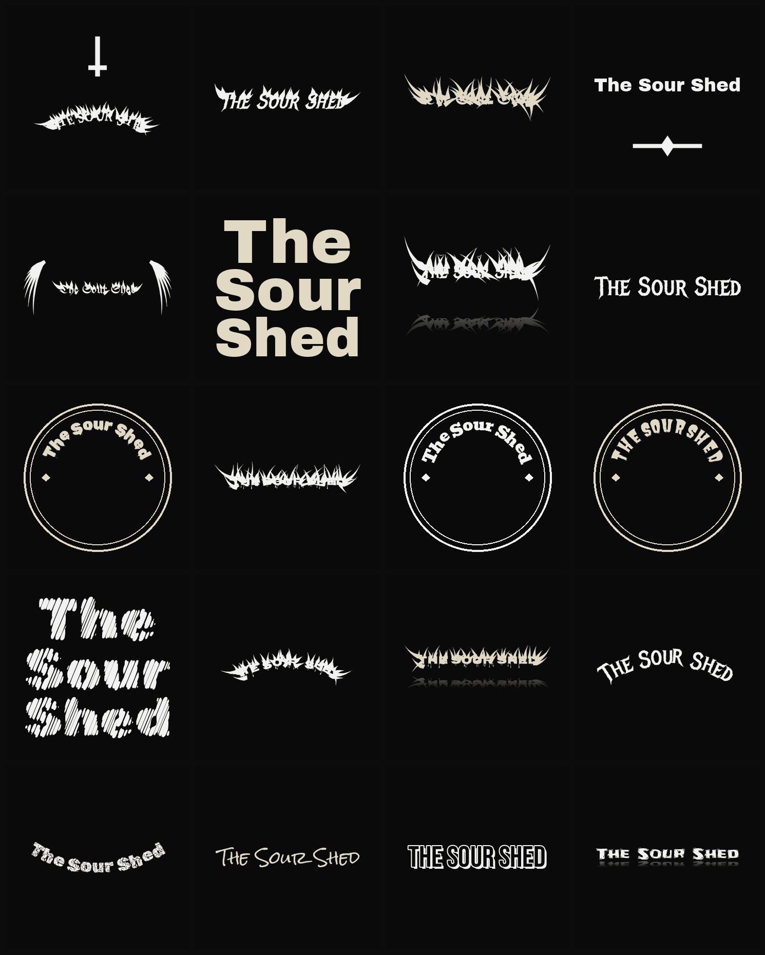 Twenty The Sour Shed band logo ideas — different faces, treatments and spike settings