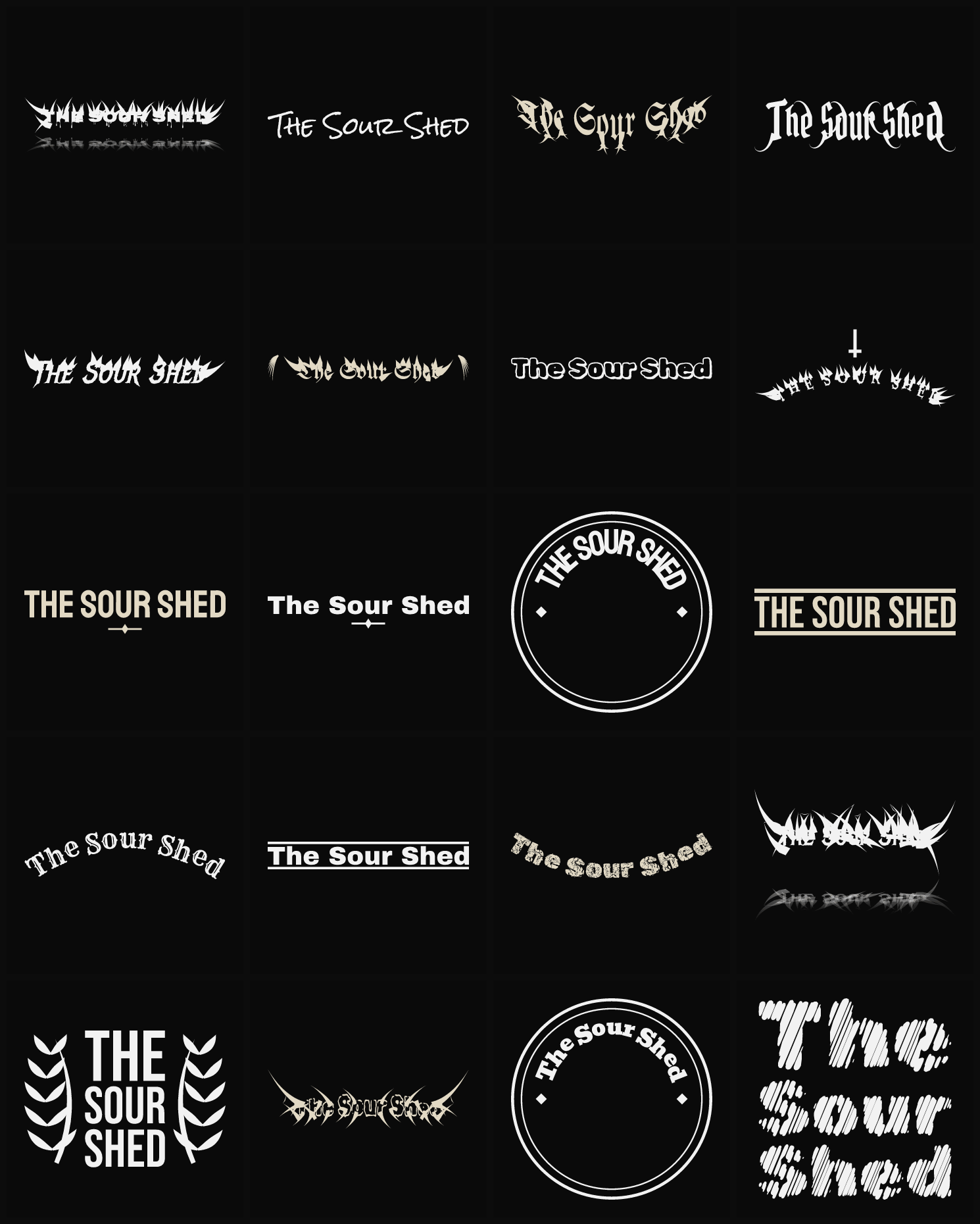 Twenty The Sour Shed band logo ideas — different faces, treatments and spike settings