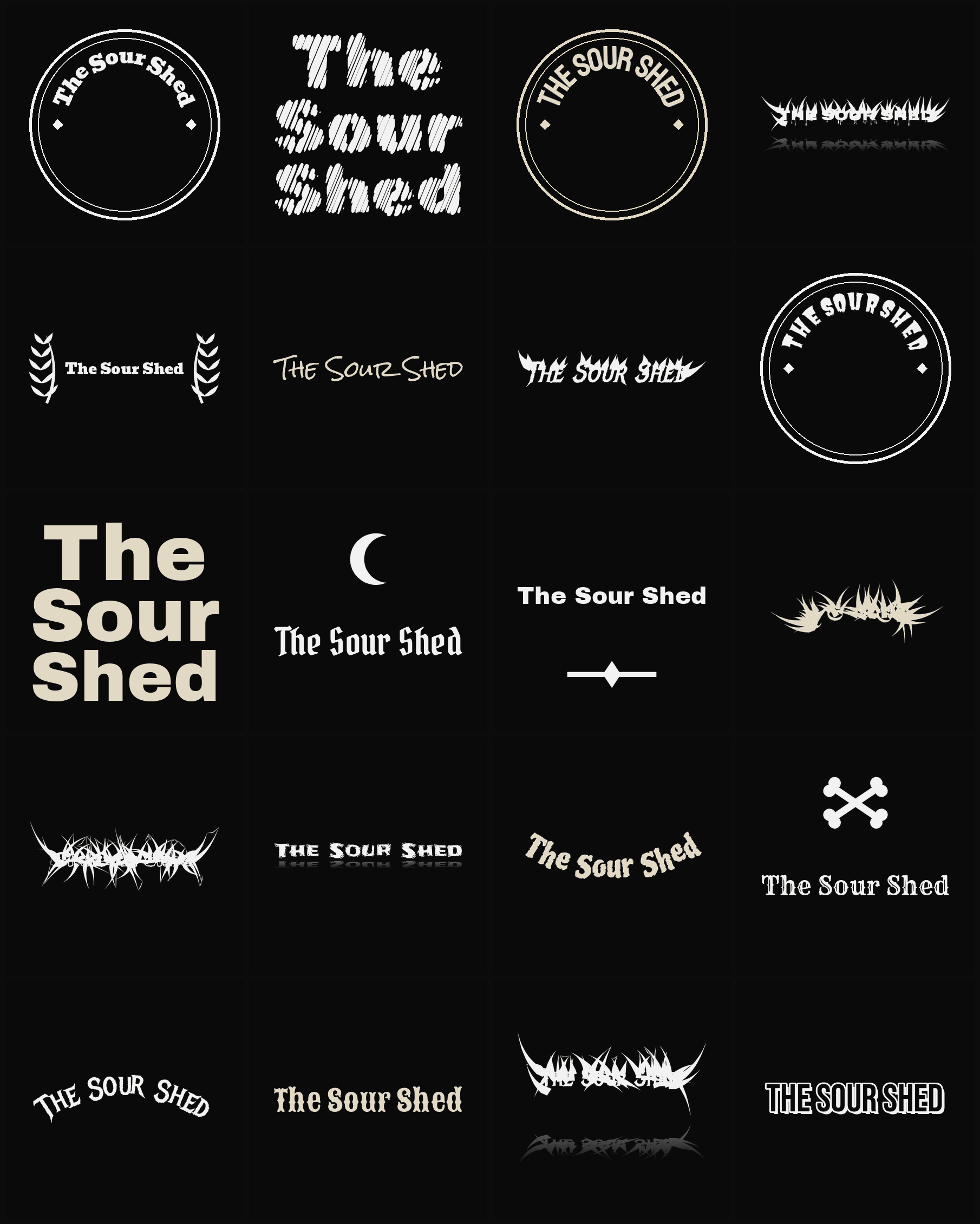 Twenty The Sour Shed band logo ideas — different faces, treatments and spike settings