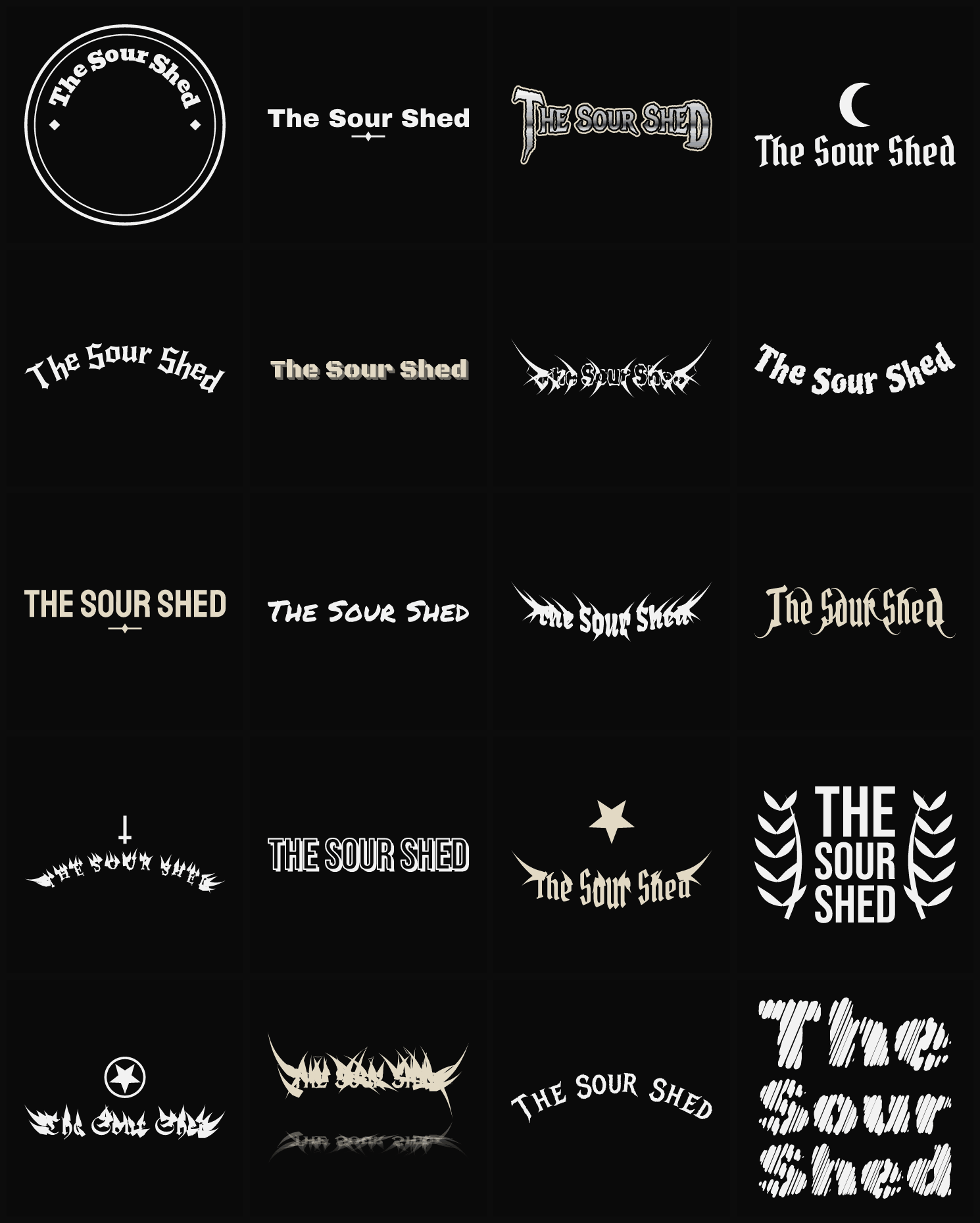 Twenty The Sour Shed band logo ideas — different faces, treatments and spike settings