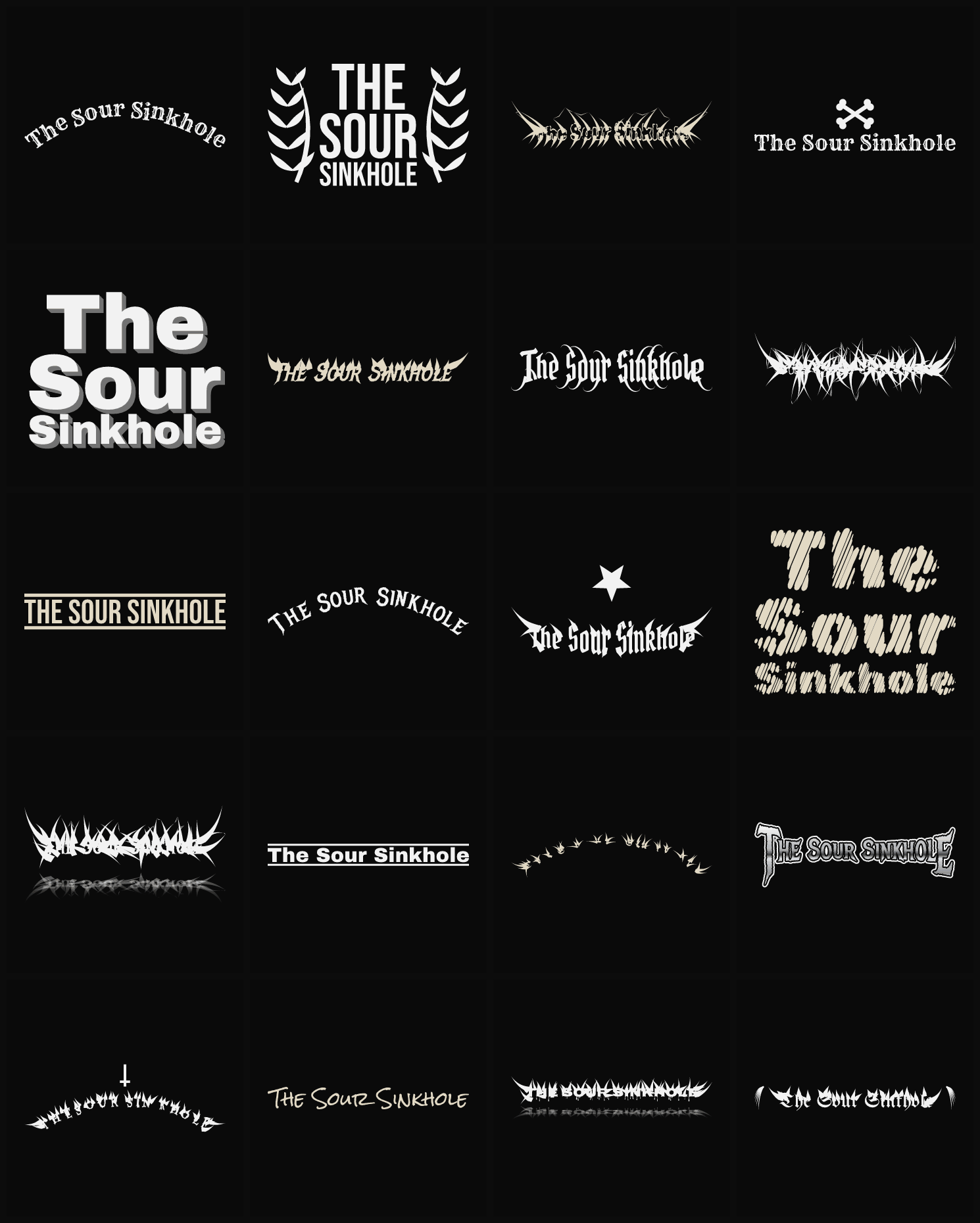 Twenty The Sour Sinkhole band logo ideas — different faces, treatments and spike settings