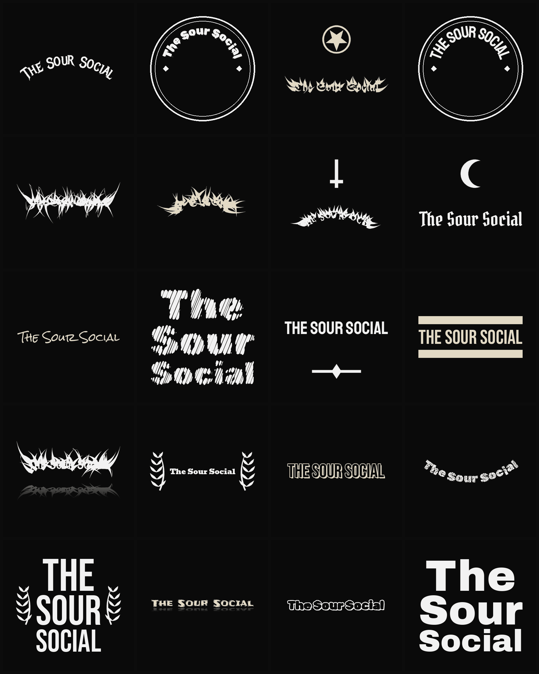 Twenty The Sour Social band logo ideas — different faces, treatments and spike settings