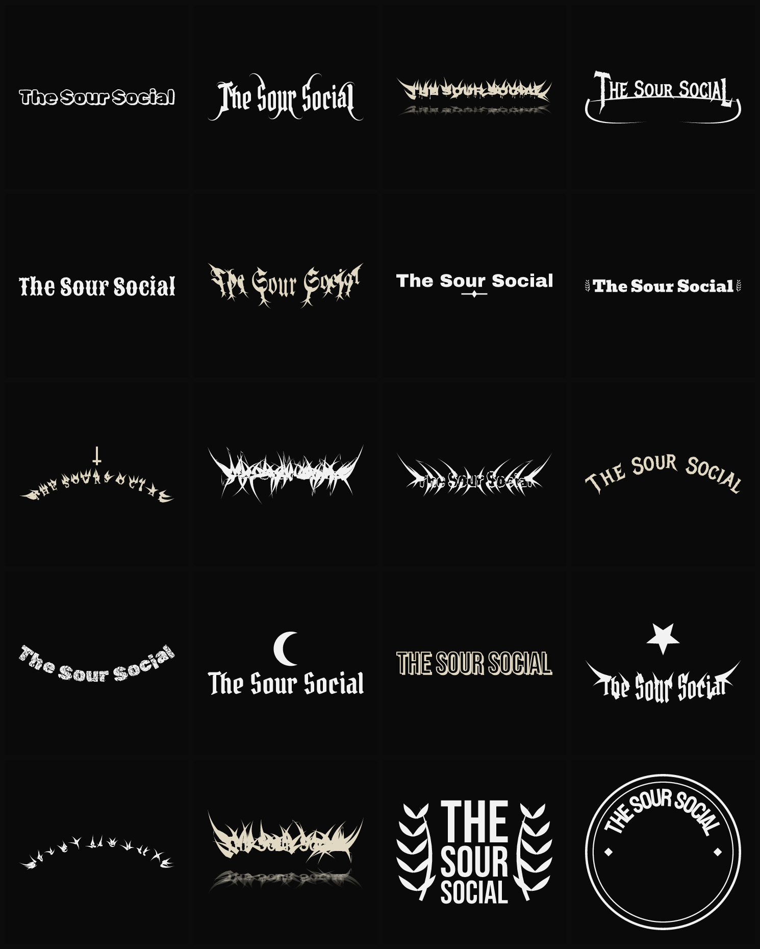 Twenty The Sour Social band logo ideas — different faces, treatments and spike settings