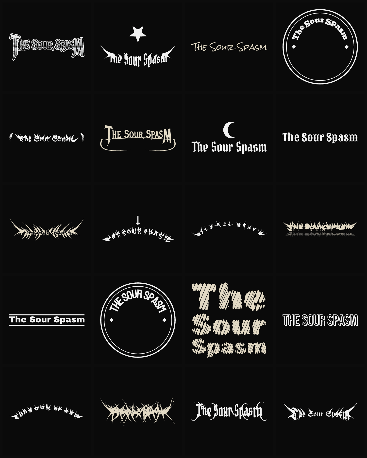 Twenty The Sour Spasm band logo ideas — different faces, treatments and spike settings