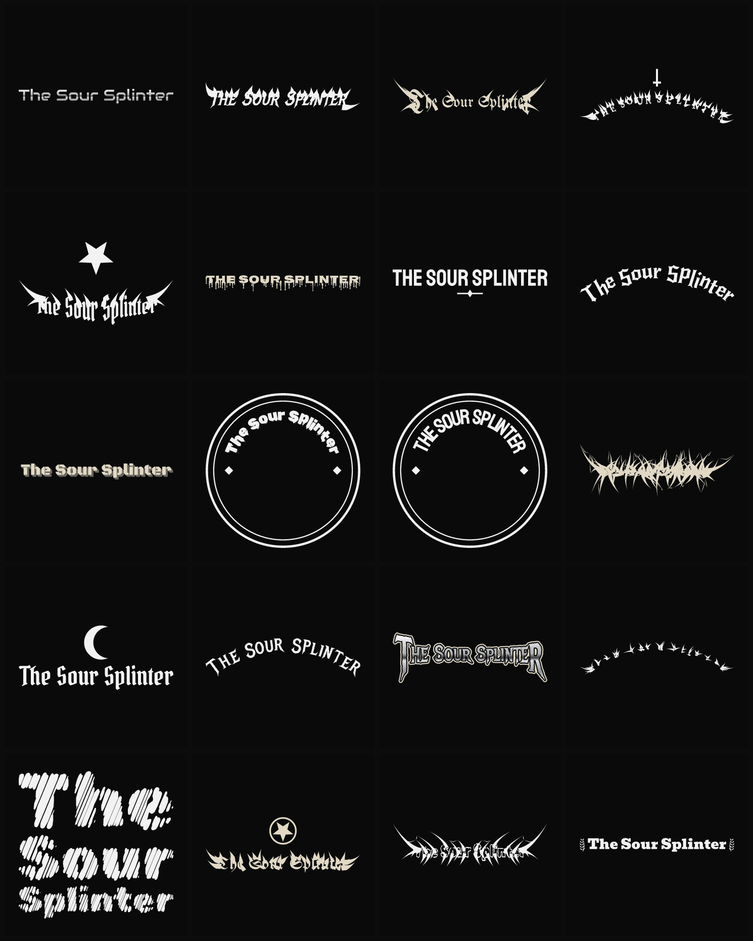 Twenty The Sour Splinter band logo ideas — different faces, treatments and spike settings