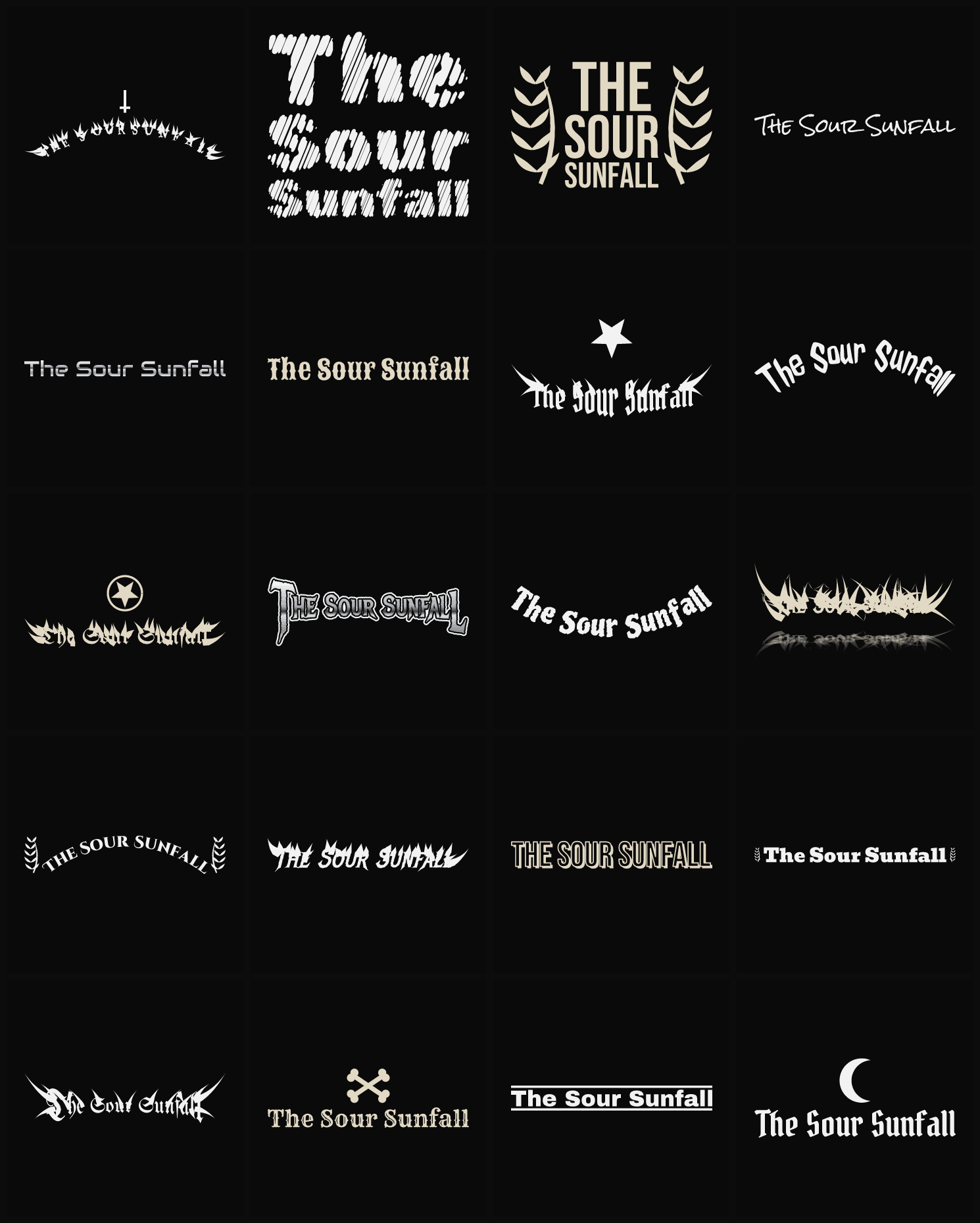 Twenty The Sour Sunfall band logo ideas — different faces, treatments and spike settings