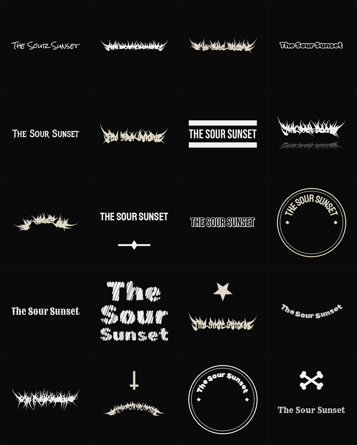 Twenty The Sour Sunset band logo ideas — different faces, treatments and spike settings