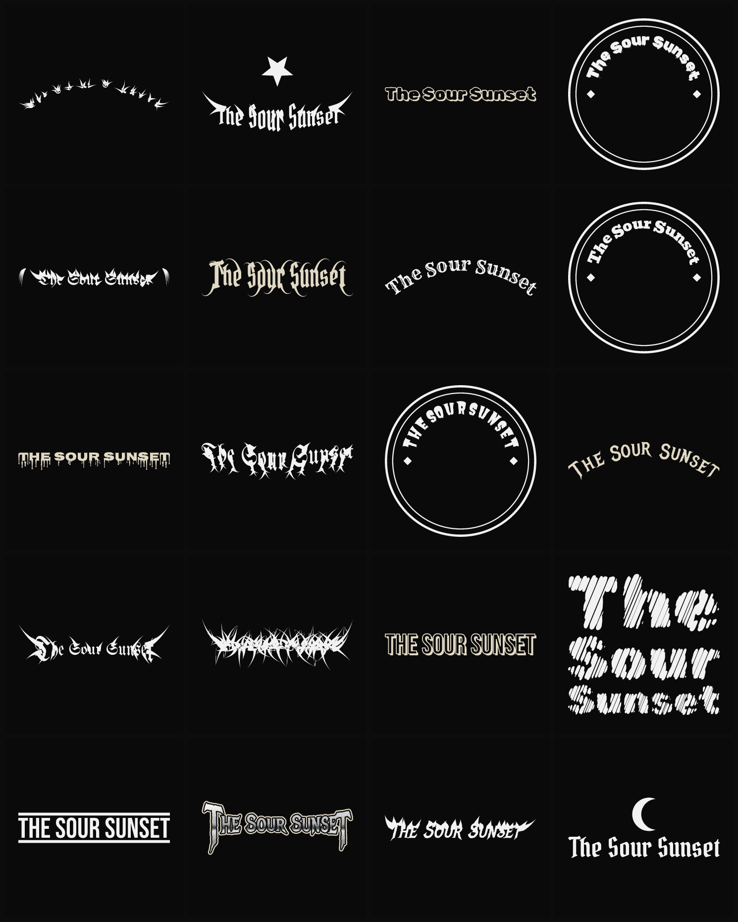 Twenty The Sour Sunset band logo ideas — different faces, treatments and spike settings
