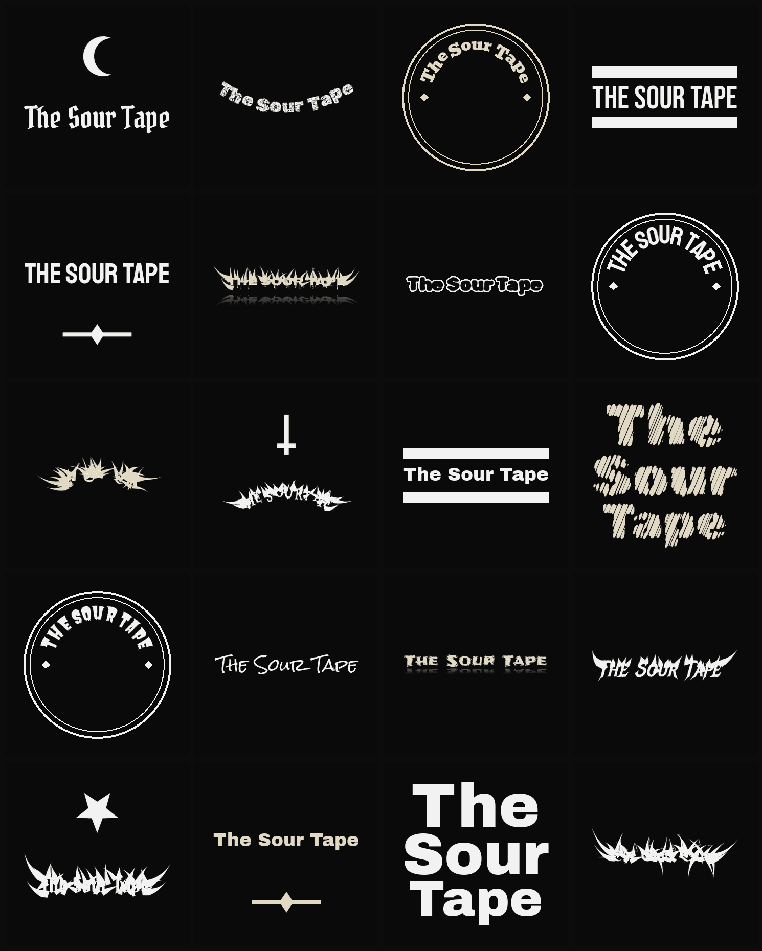Twenty The Sour Tape band logo ideas — different faces, treatments and spike settings