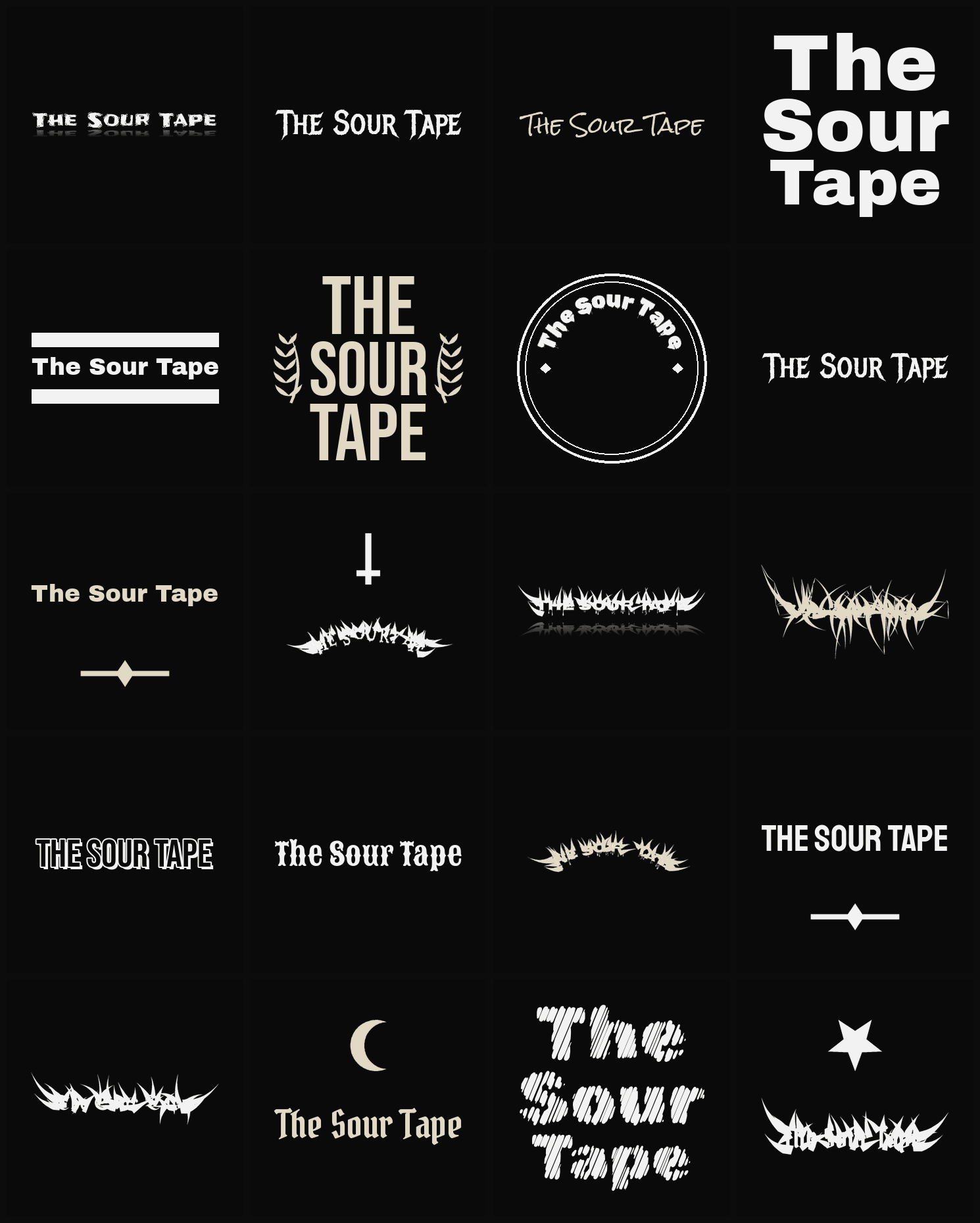 Twenty The Sour Tape band logo ideas — different faces, treatments and spike settings
