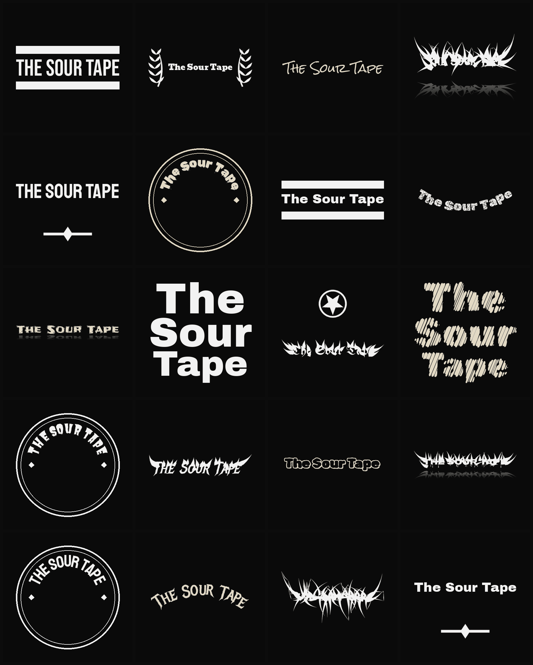 Twenty The Sour Tape band logo ideas — different faces, treatments and spike settings