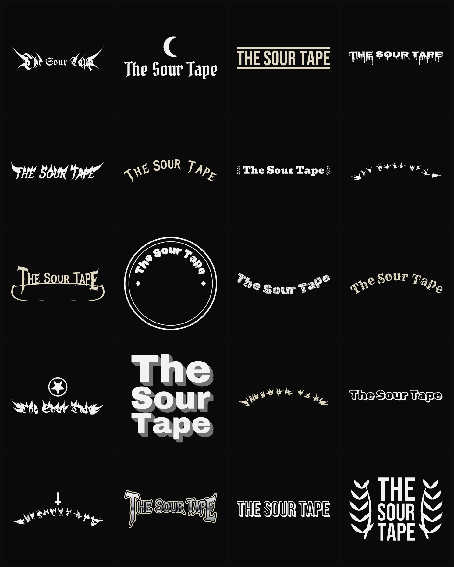 Twenty The Sour Tape band logo ideas — different faces, treatments and spike settings