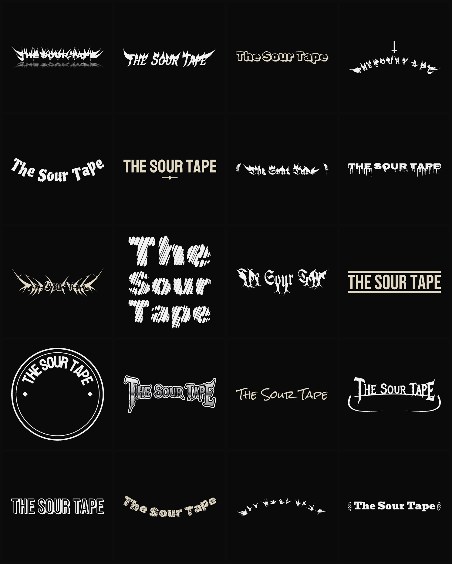 Twenty The Sour Tape band logo ideas — different faces, treatments and spike settings