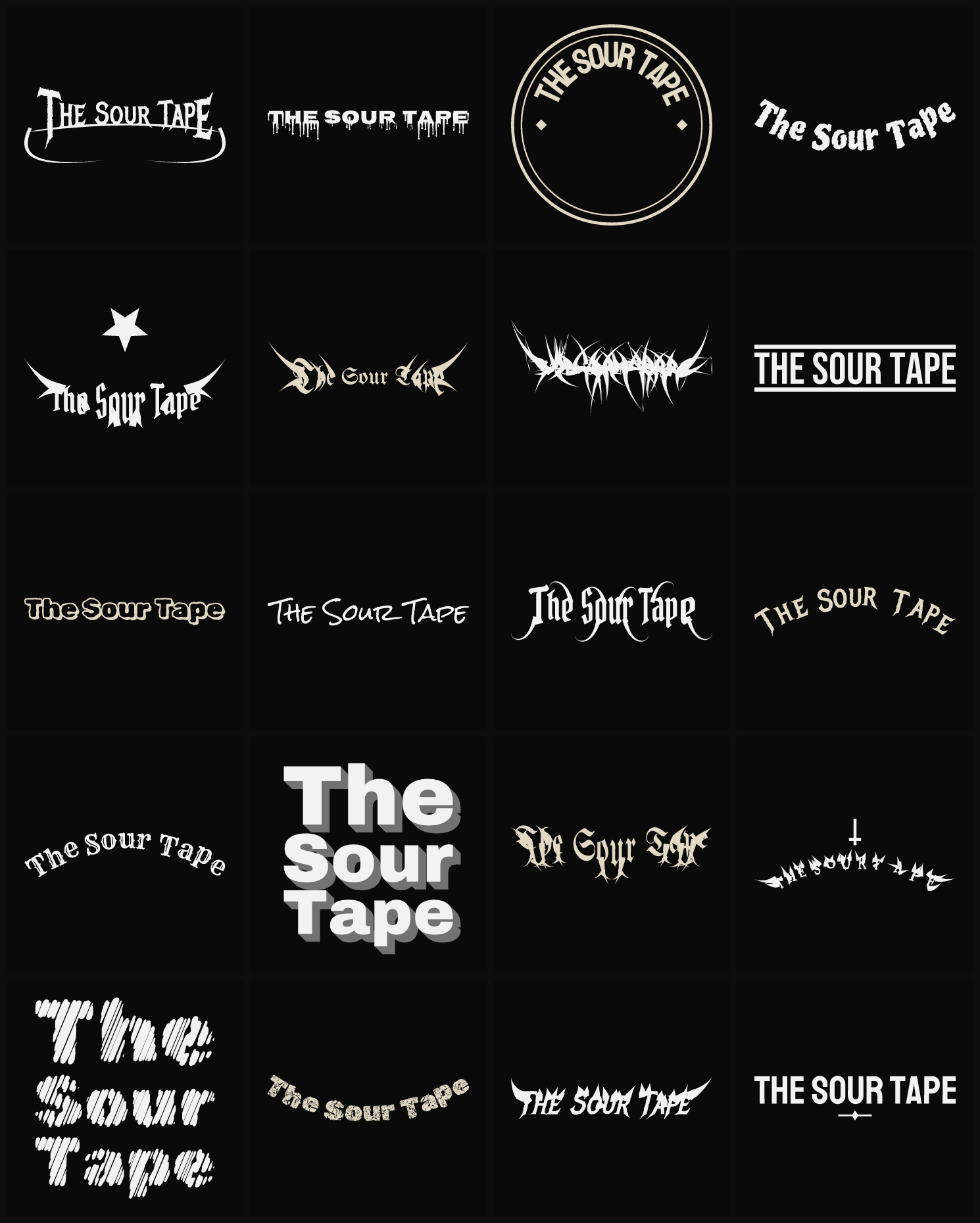 Twenty The Sour Tape band logo ideas — different faces, treatments and spike settings