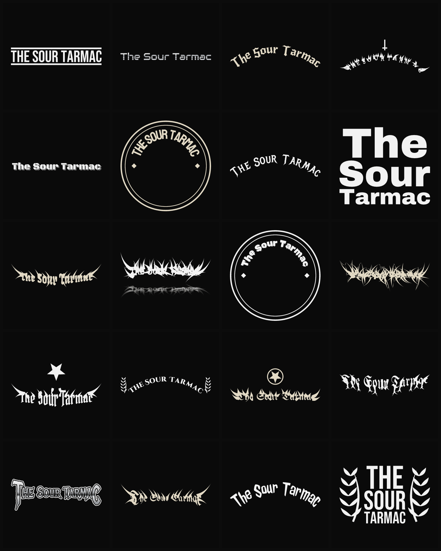 Twenty The Sour Tarmac band logo ideas — different faces, treatments and spike settings