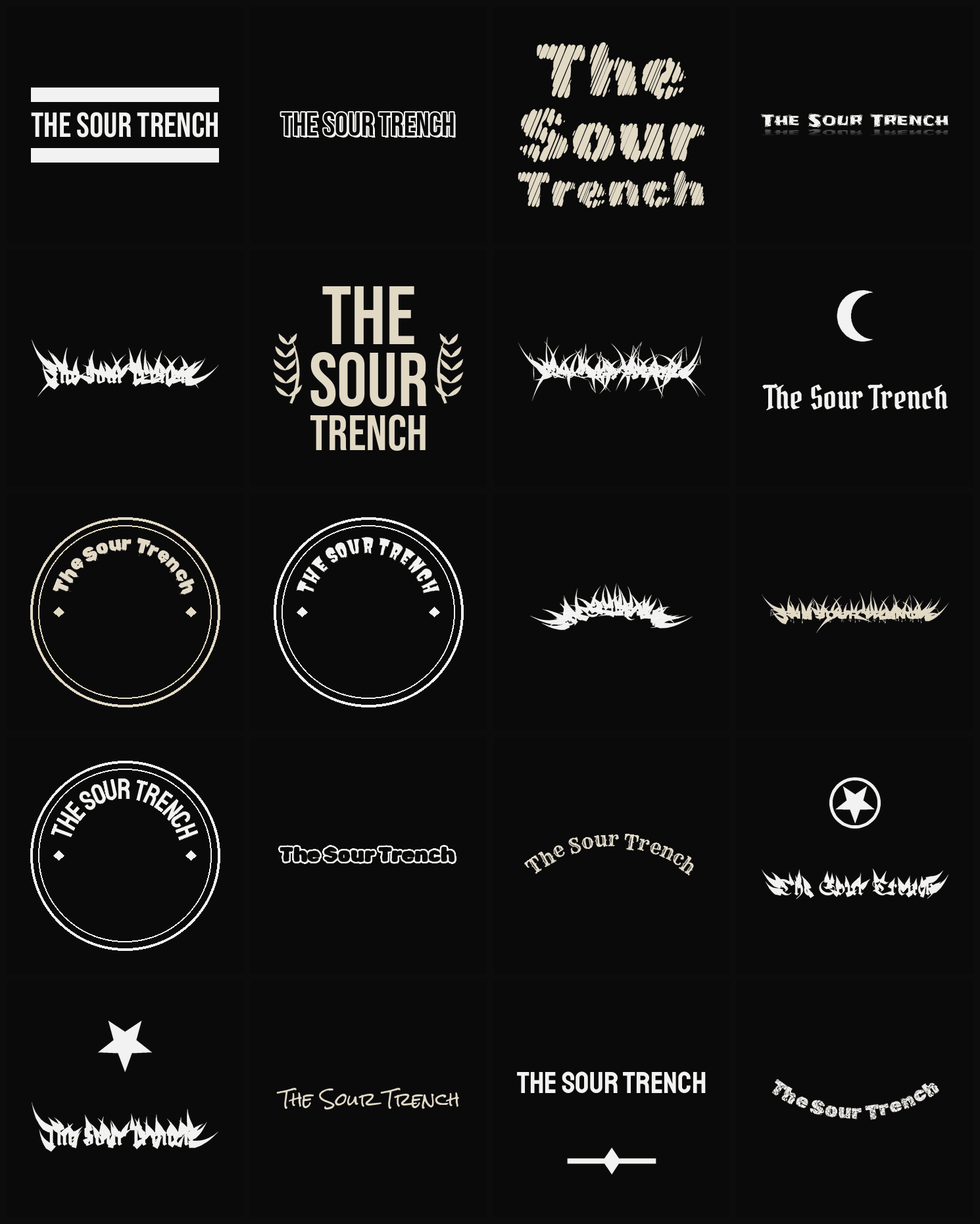 Twenty The Sour Trench band logo ideas — different faces, treatments and spike settings
