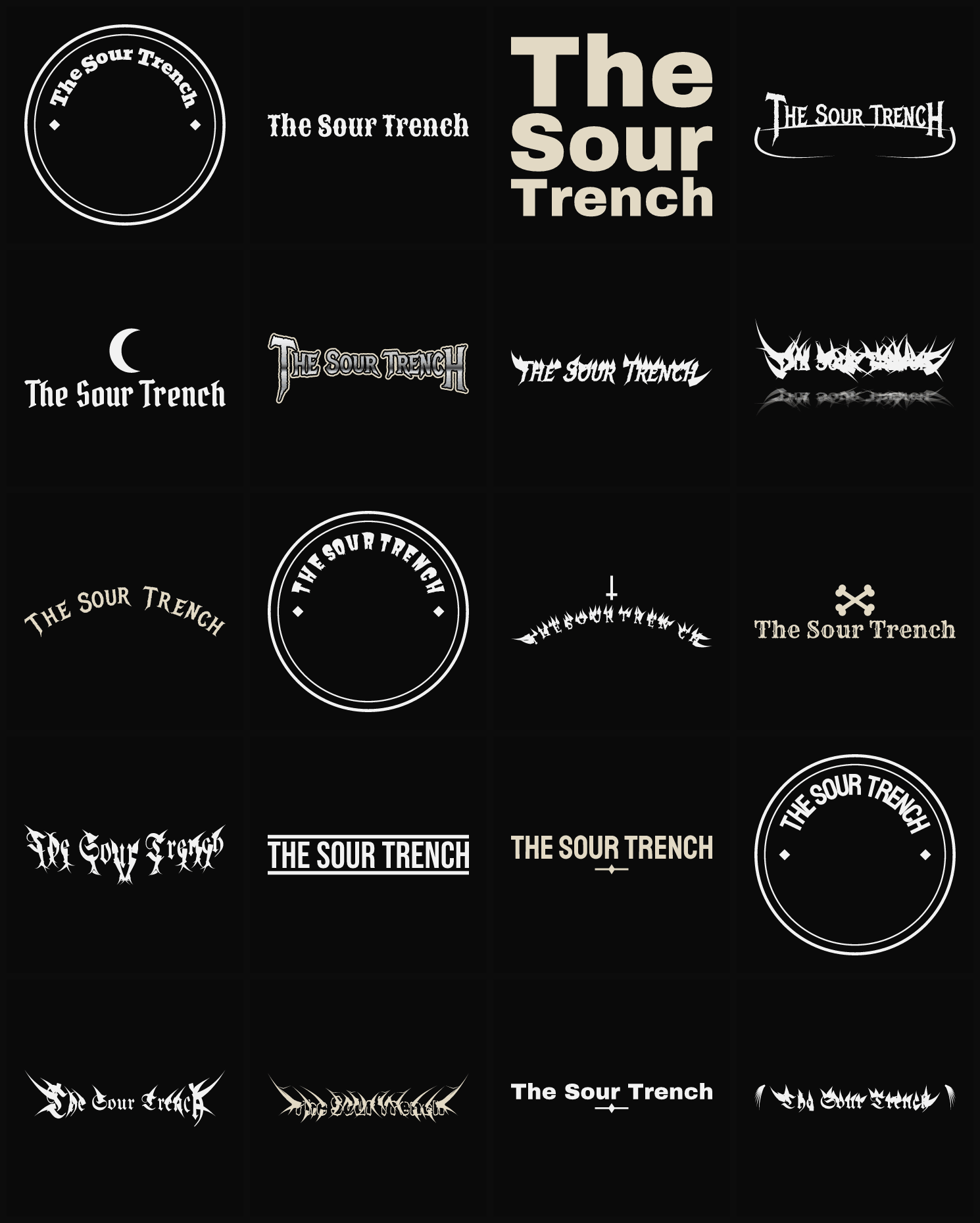 Twenty The Sour Trench band logo ideas — different faces, treatments and spike settings