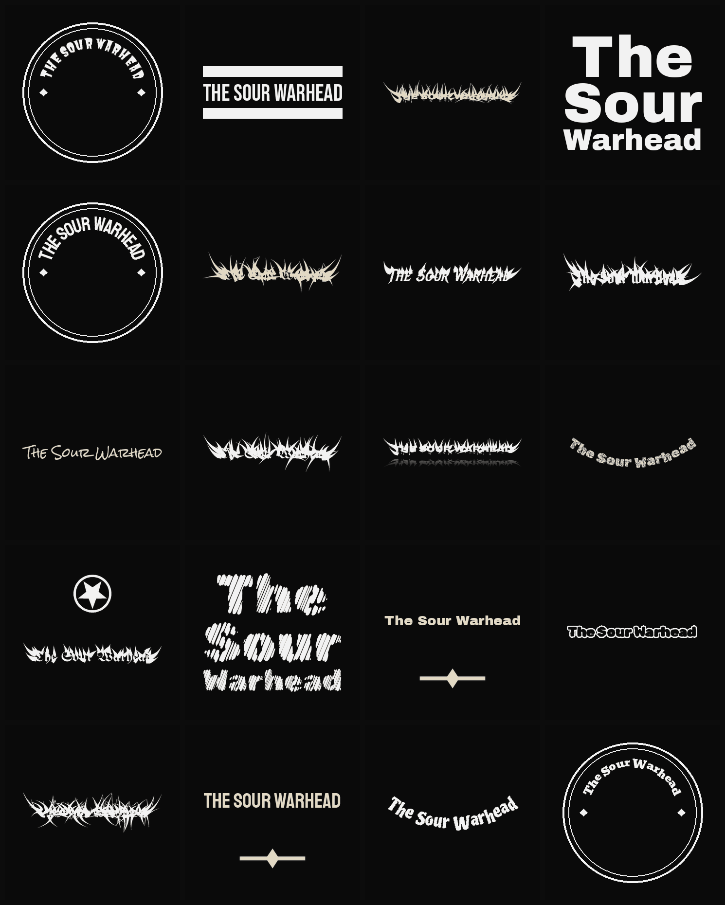 Twenty The Sour Warhead band logo ideas — different faces, treatments and spike settings