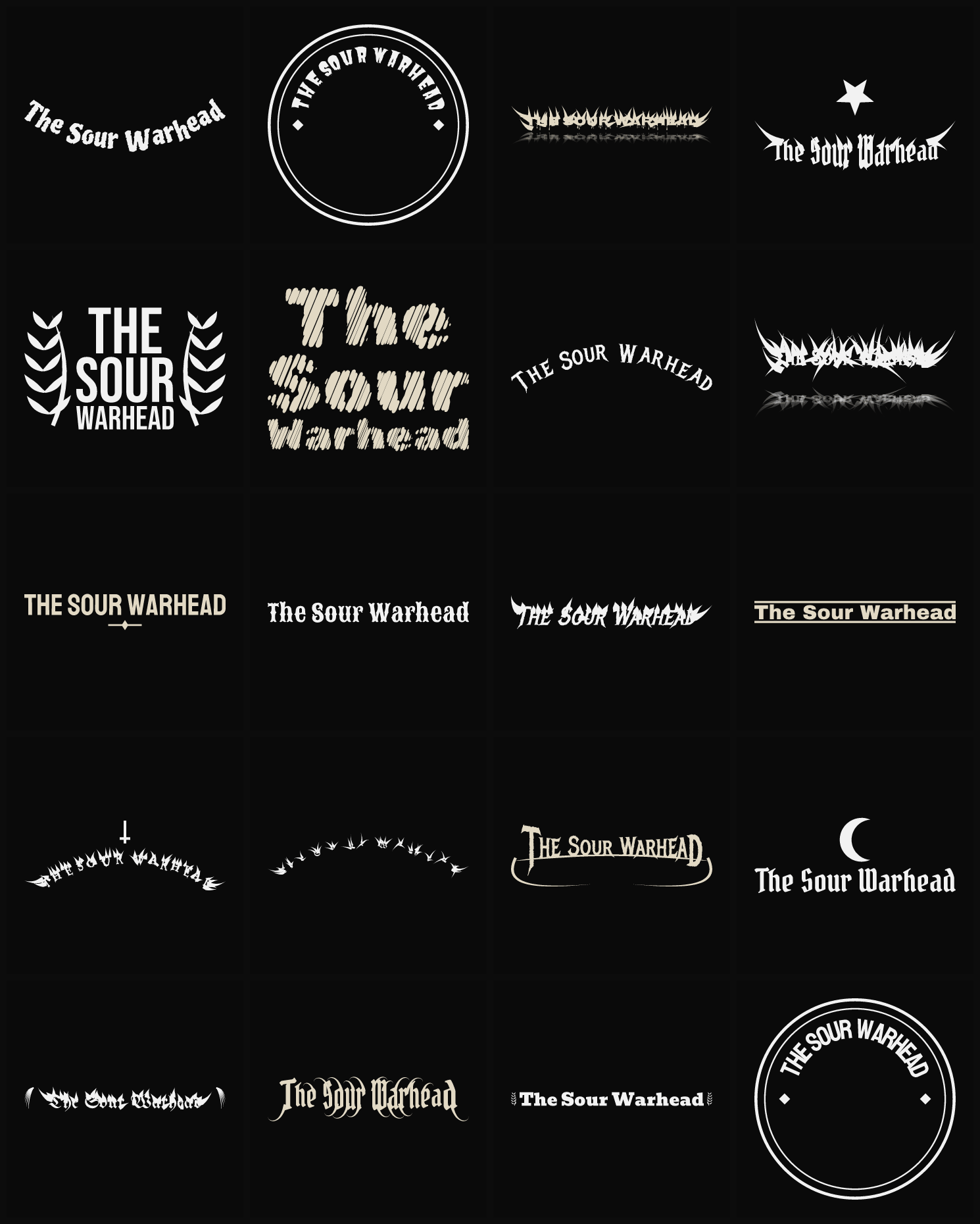 Twenty The Sour Warhead band logo ideas — different faces, treatments and spike settings