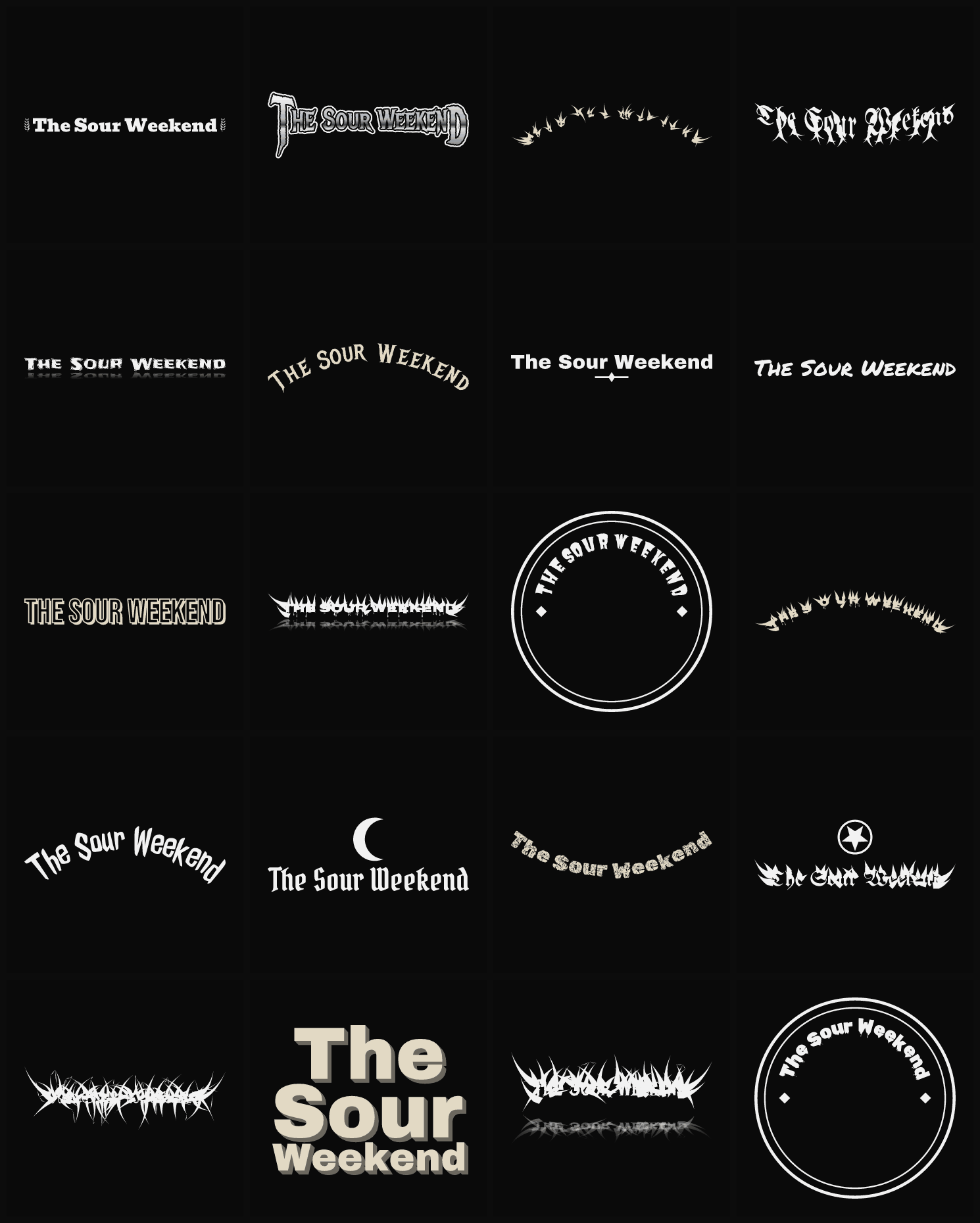 Twenty The Sour Weekend band logo ideas — different faces, treatments and spike settings
