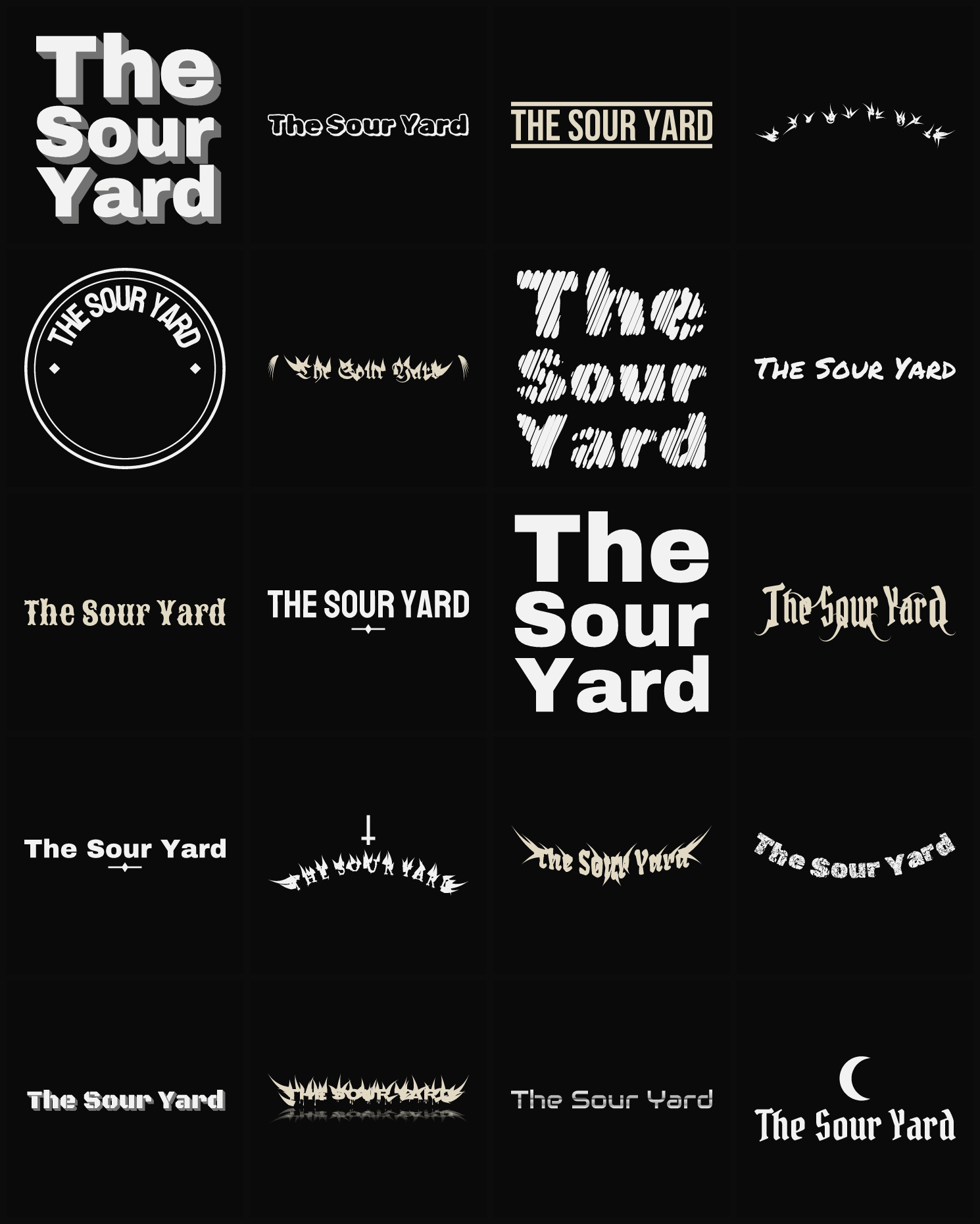 Twenty The Sour Yard band logo ideas — different faces, treatments and spike settings