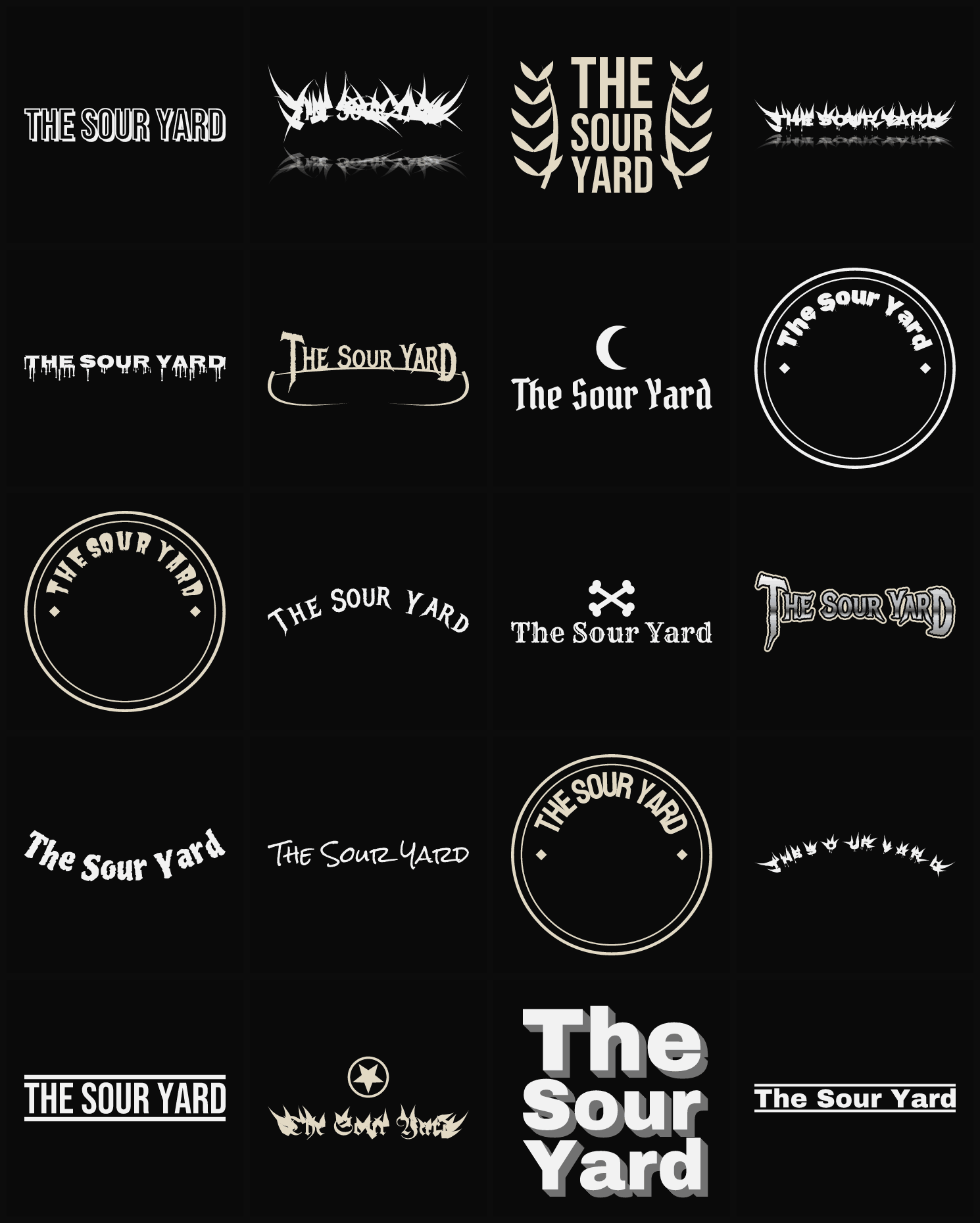 Twenty The Sour Yard band logo ideas — different faces, treatments and spike settings
