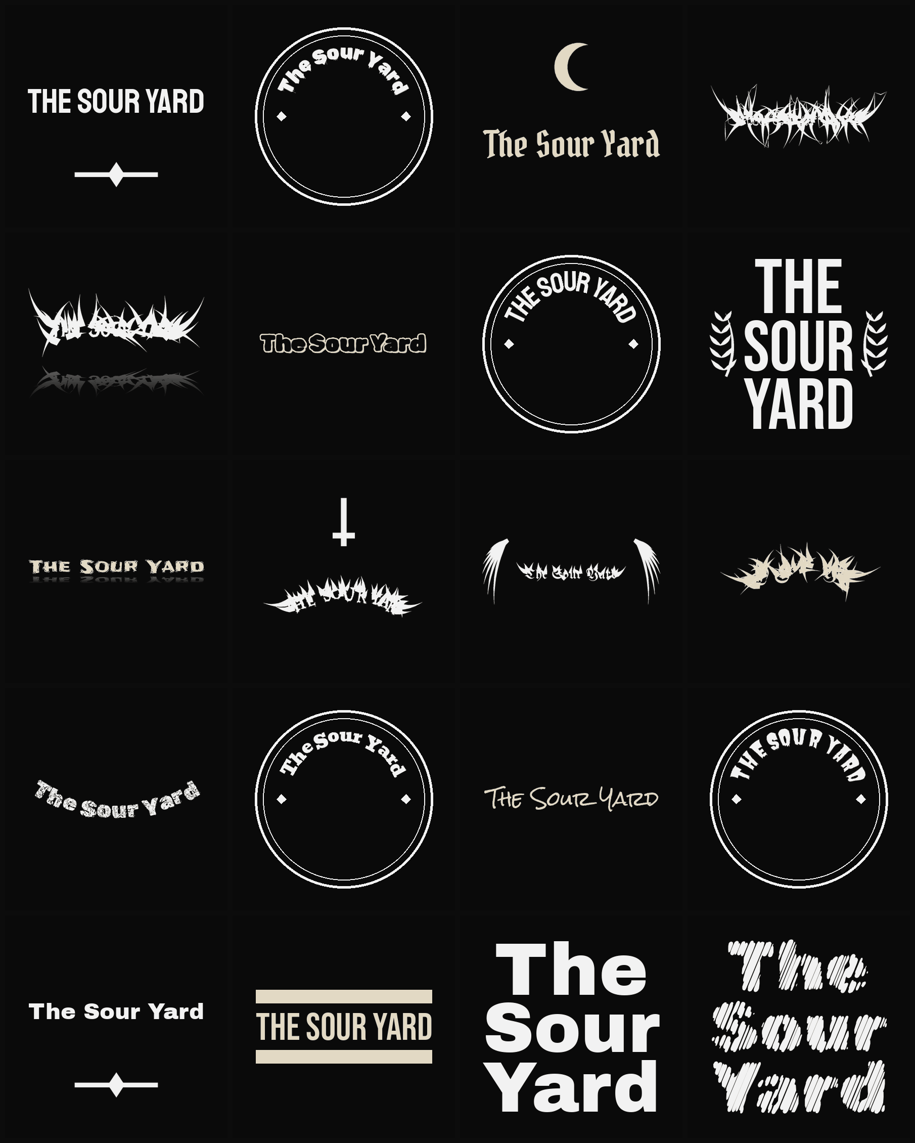Twenty The Sour Yard band logo ideas — different faces, treatments and spike settings
