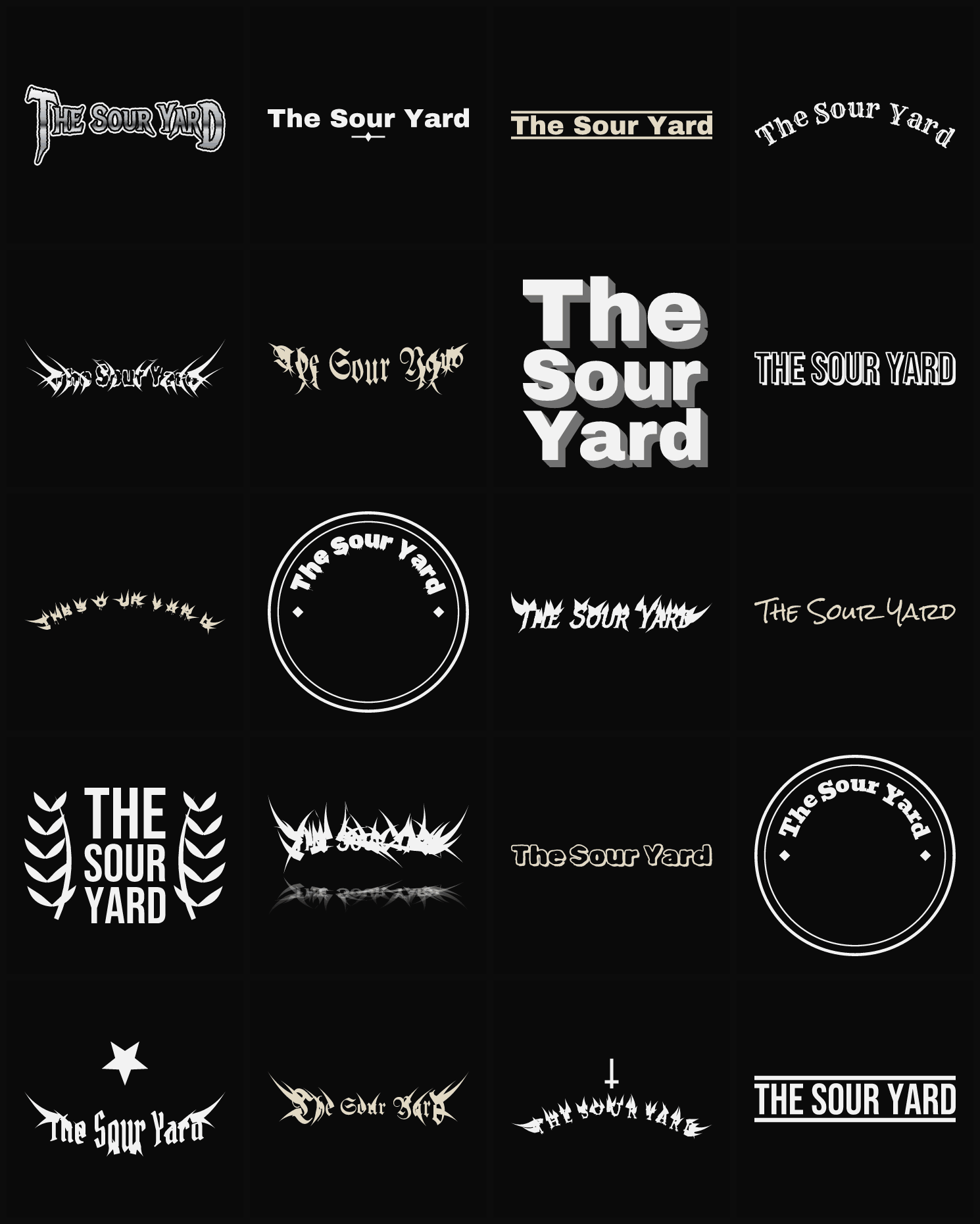 Twenty The Sour Yard band logo ideas — different faces, treatments and spike settings