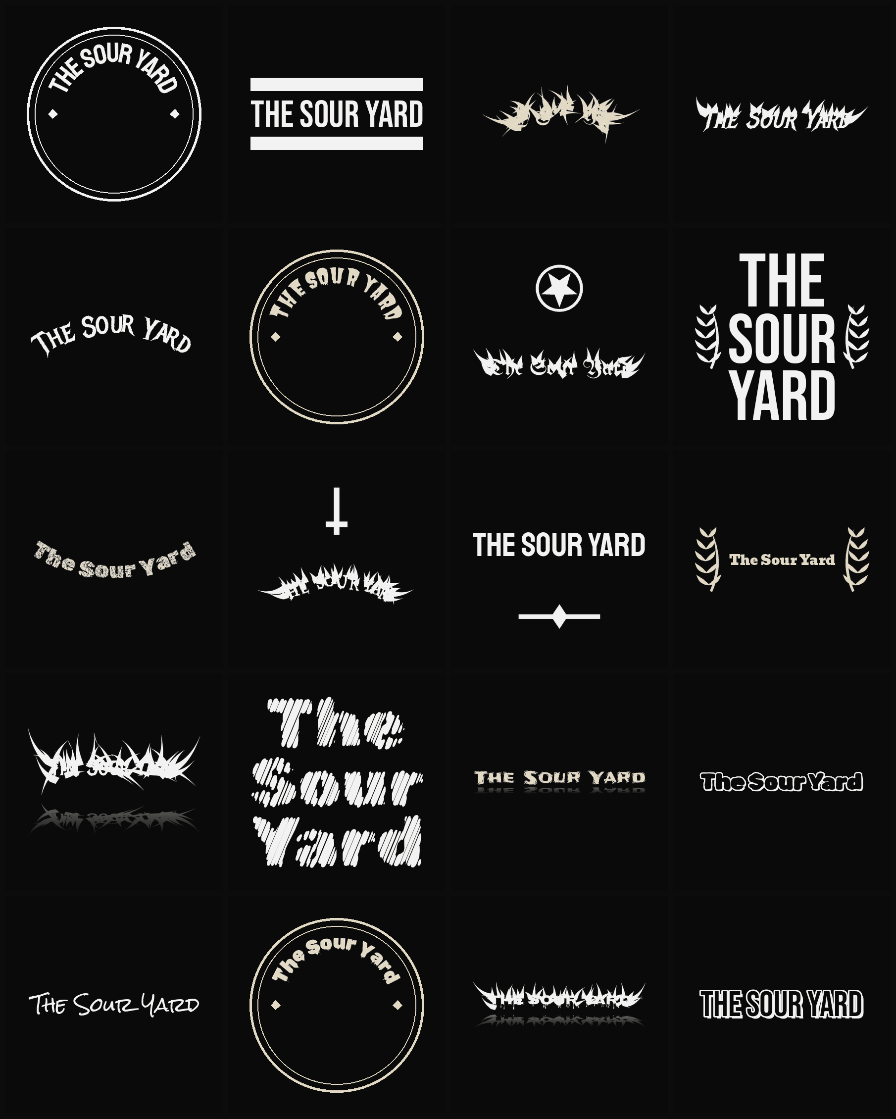 Twenty The Sour Yard band logo ideas — different faces, treatments and spike settings