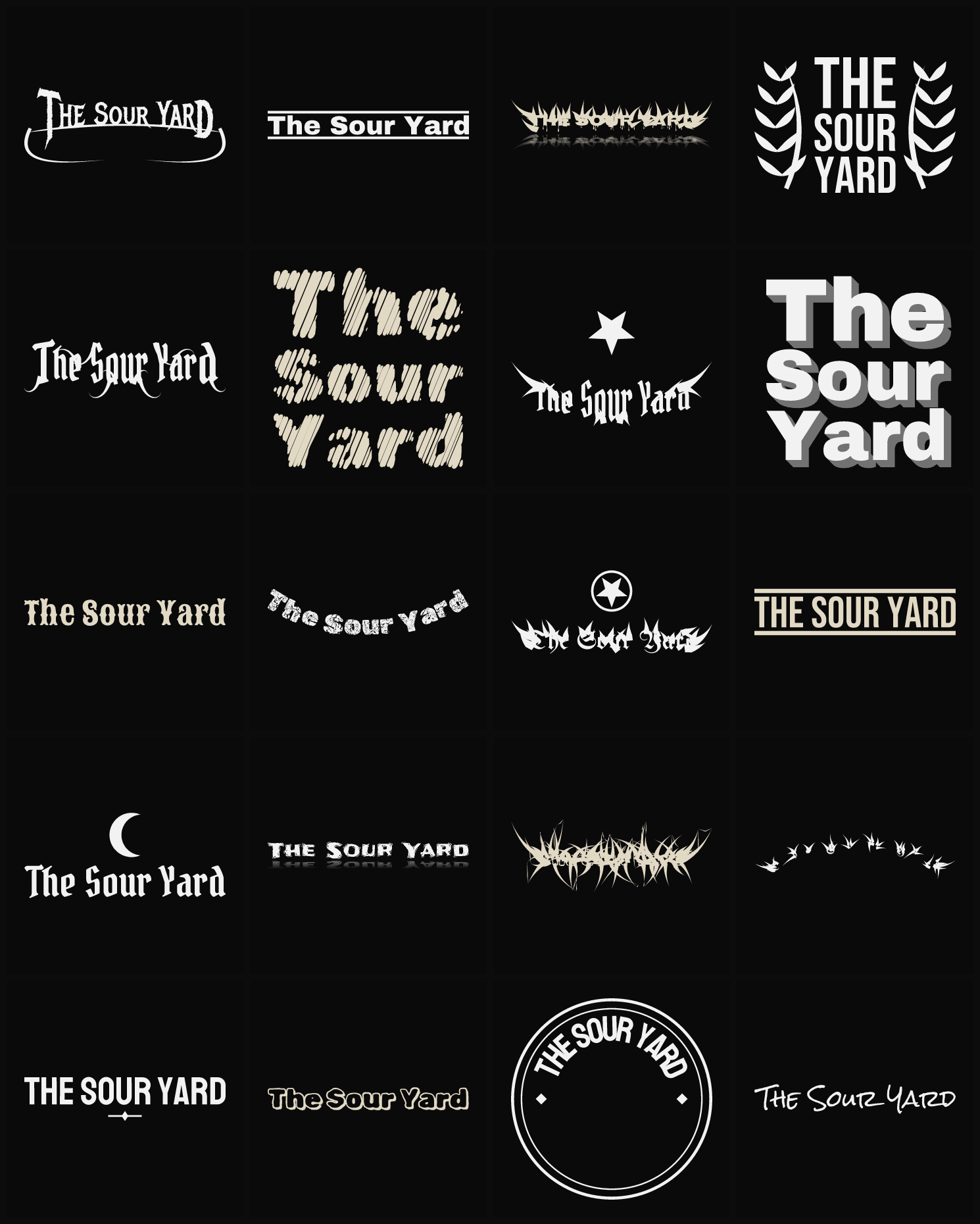 Twenty The Sour Yard band logo ideas — different faces, treatments and spike settings