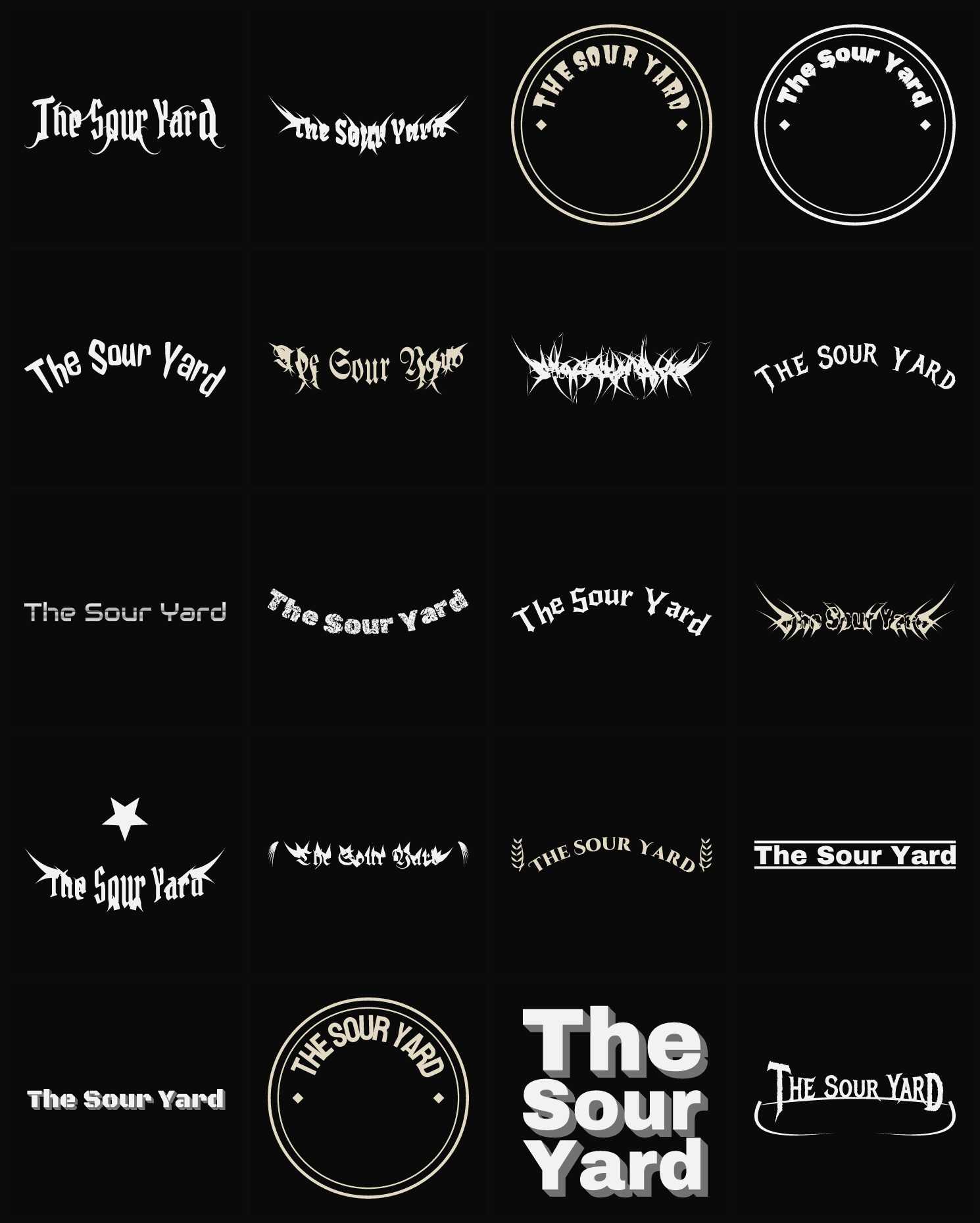 Twenty The Sour Yard band logo ideas — different faces, treatments and spike settings