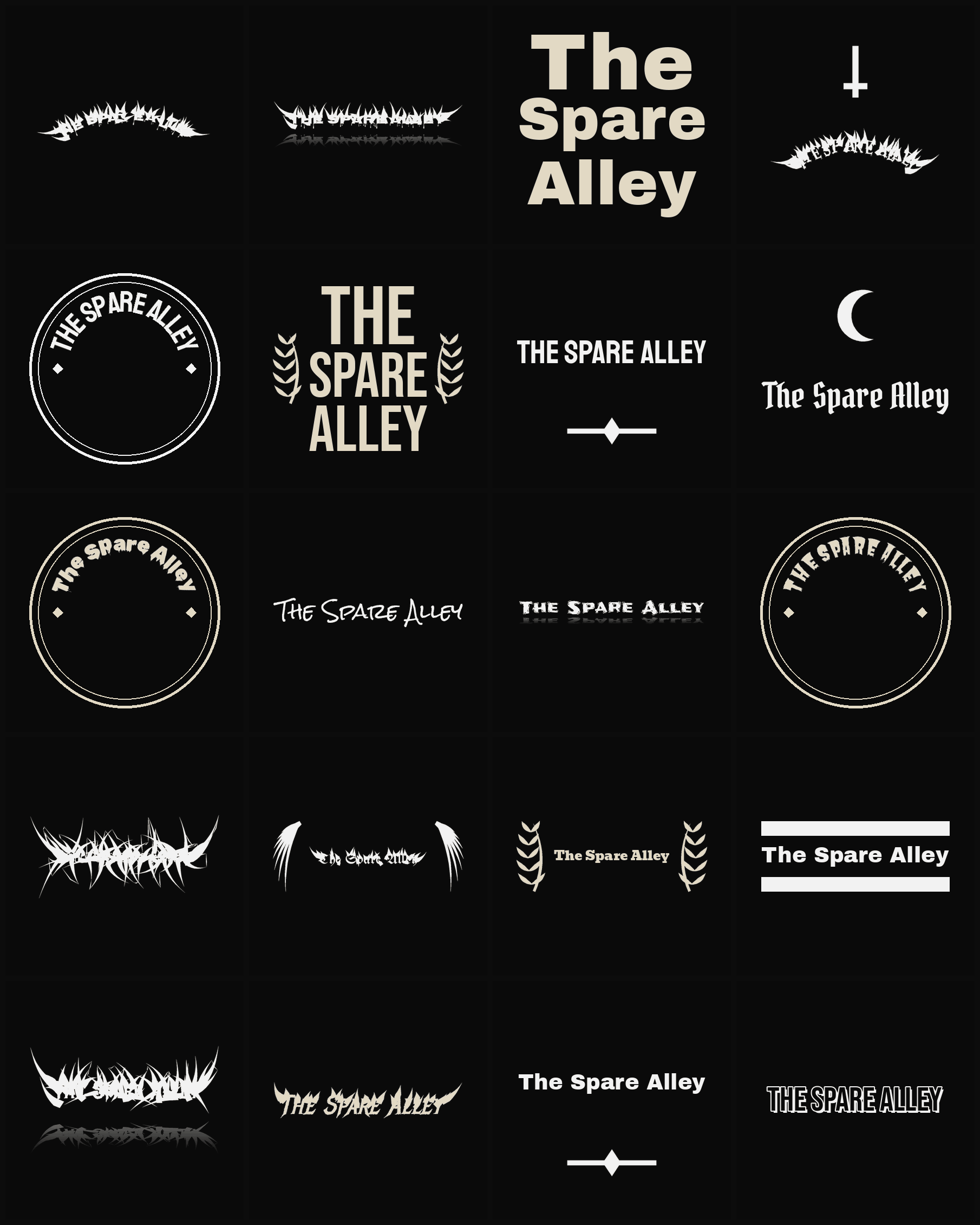 Twenty The Spare Alley band logo ideas — different faces, treatments and spike settings