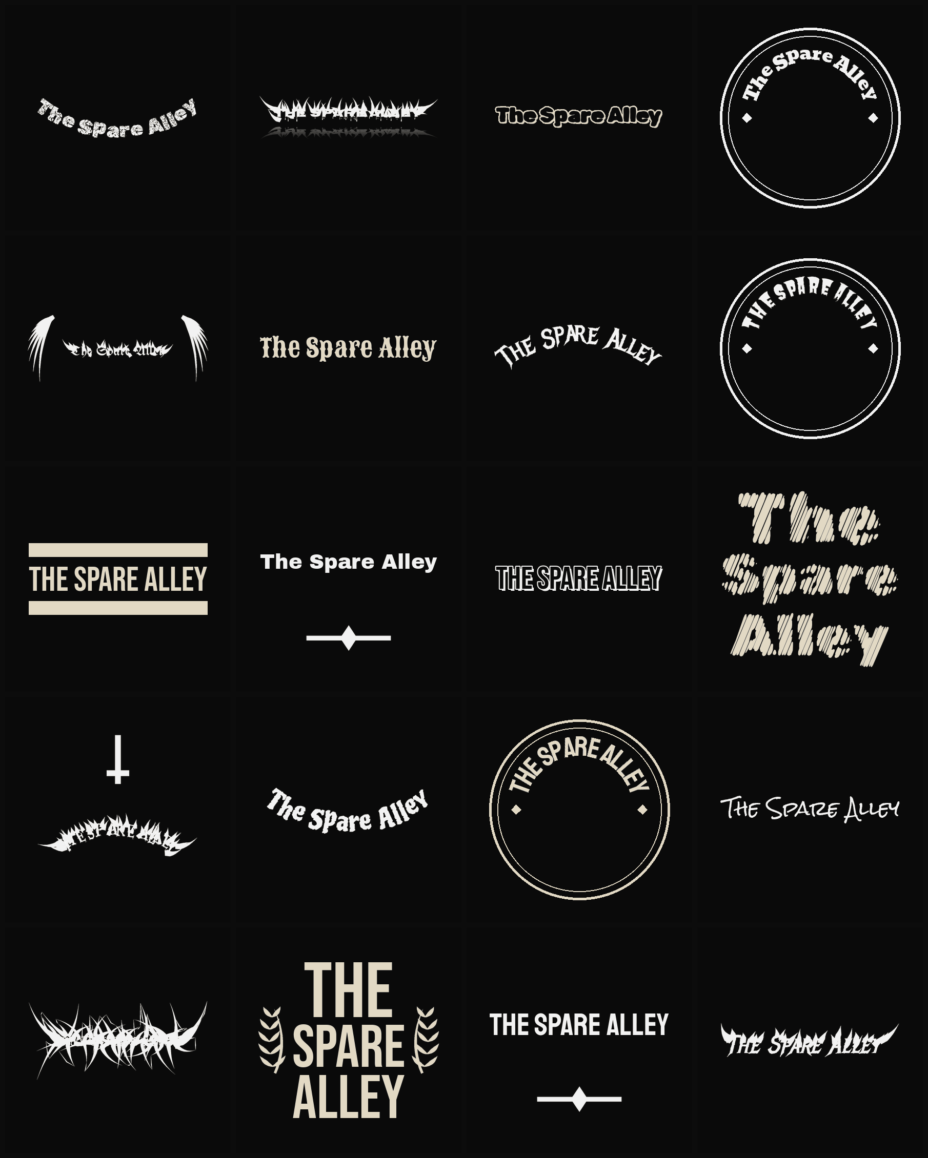 Twenty The Spare Alley band logo ideas — different faces, treatments and spike settings