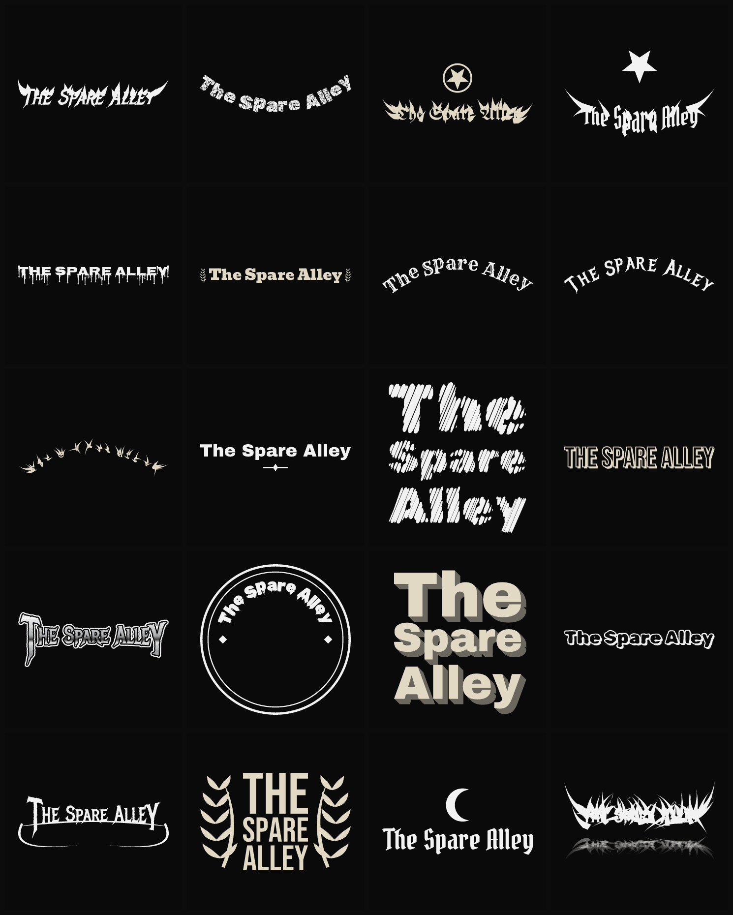 Twenty The Spare Alley band logo ideas — different faces, treatments and spike settings